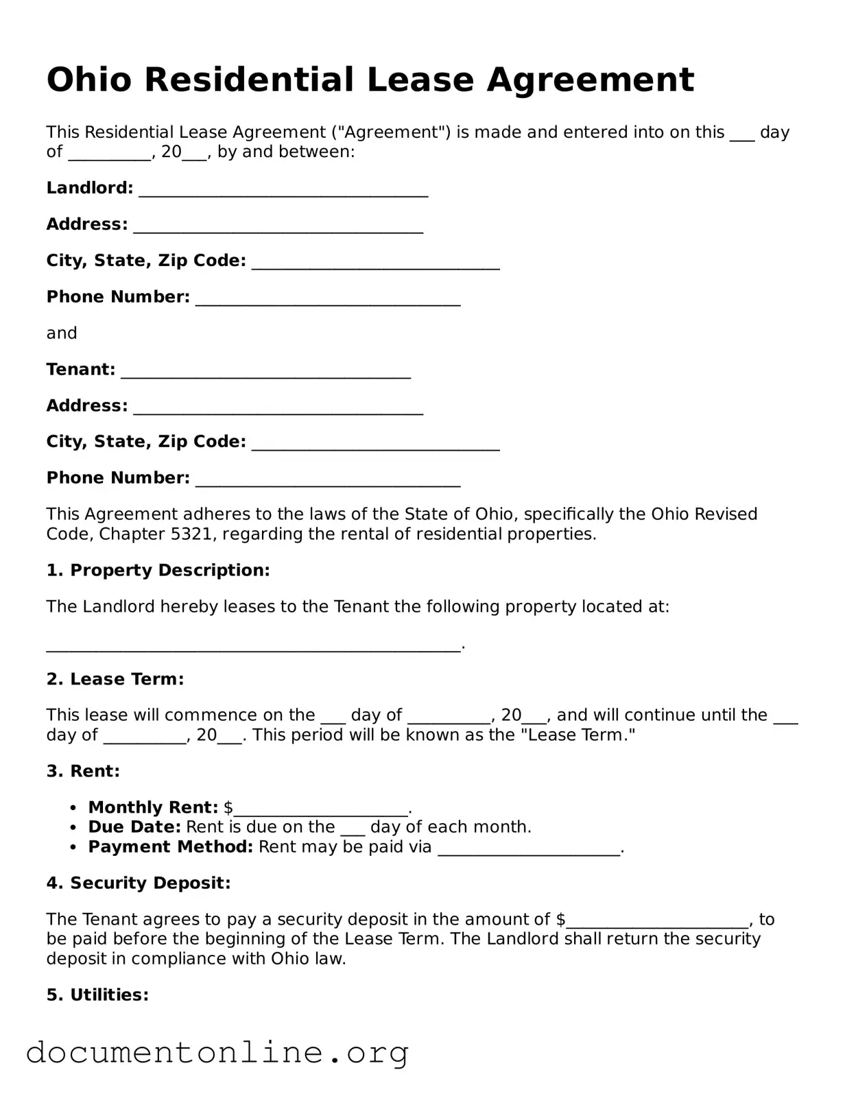 Free Residential Lease Agreement Form for Ohio State
