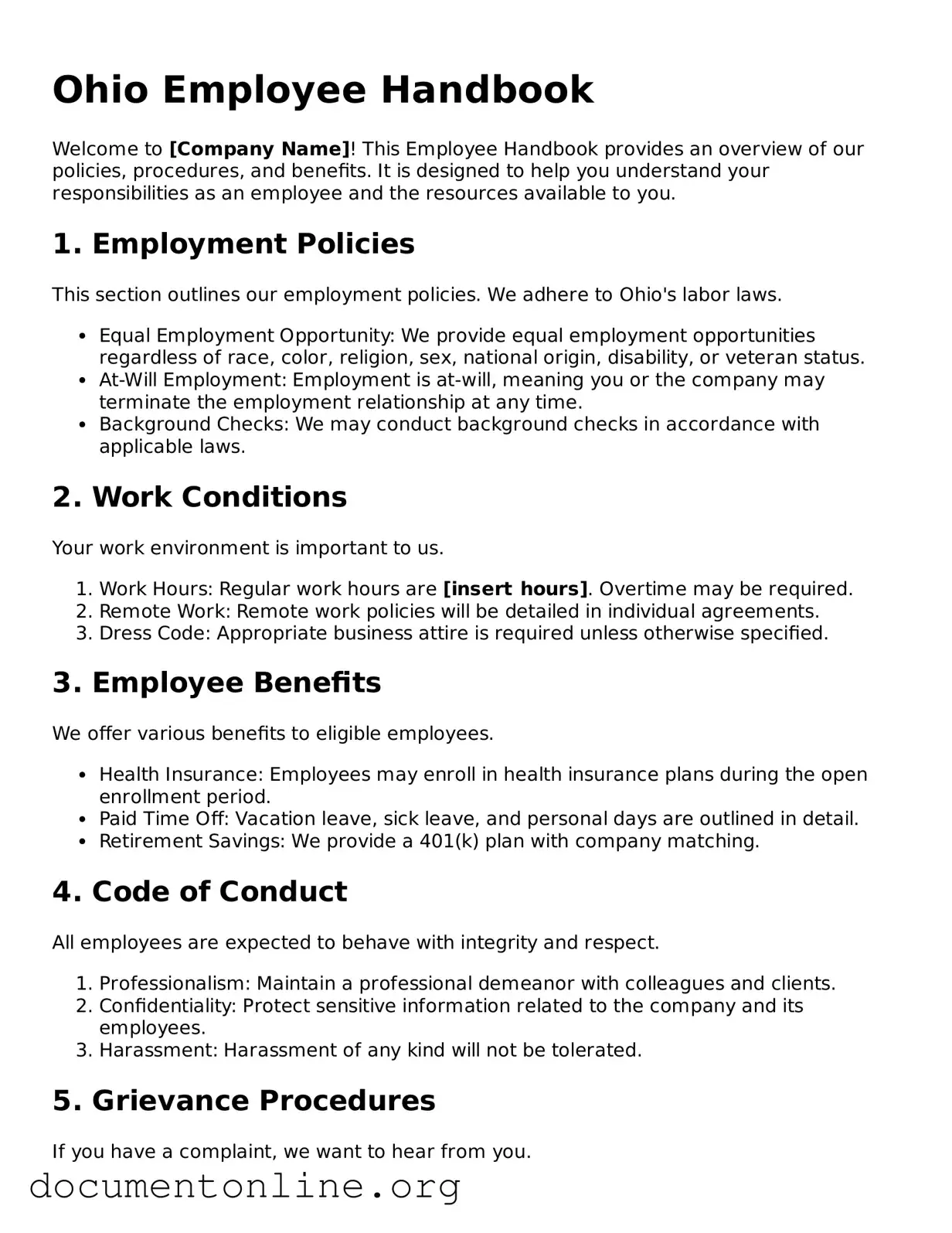 Free Employee Handbook Form for Ohio State