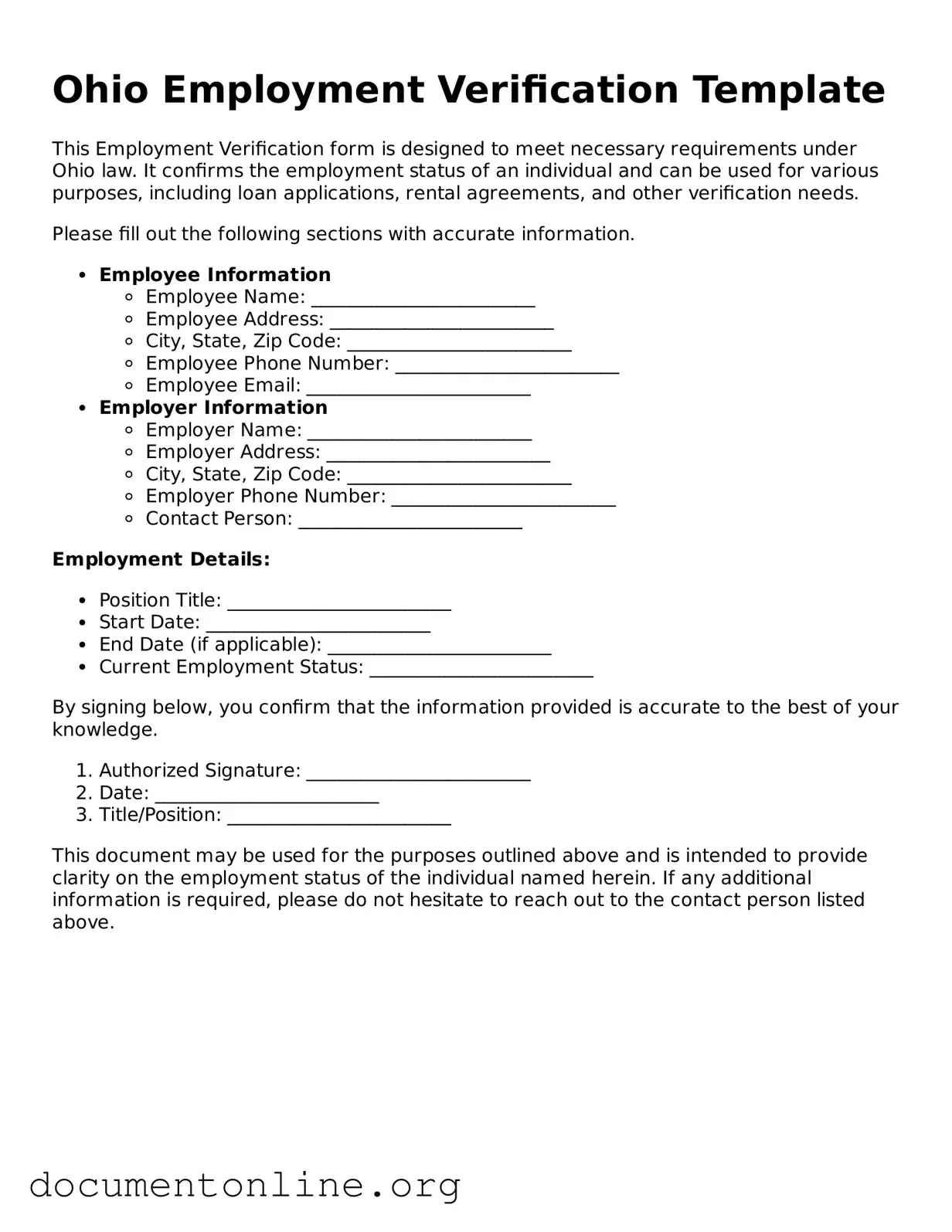 Free Employment Verification Form for Ohio State