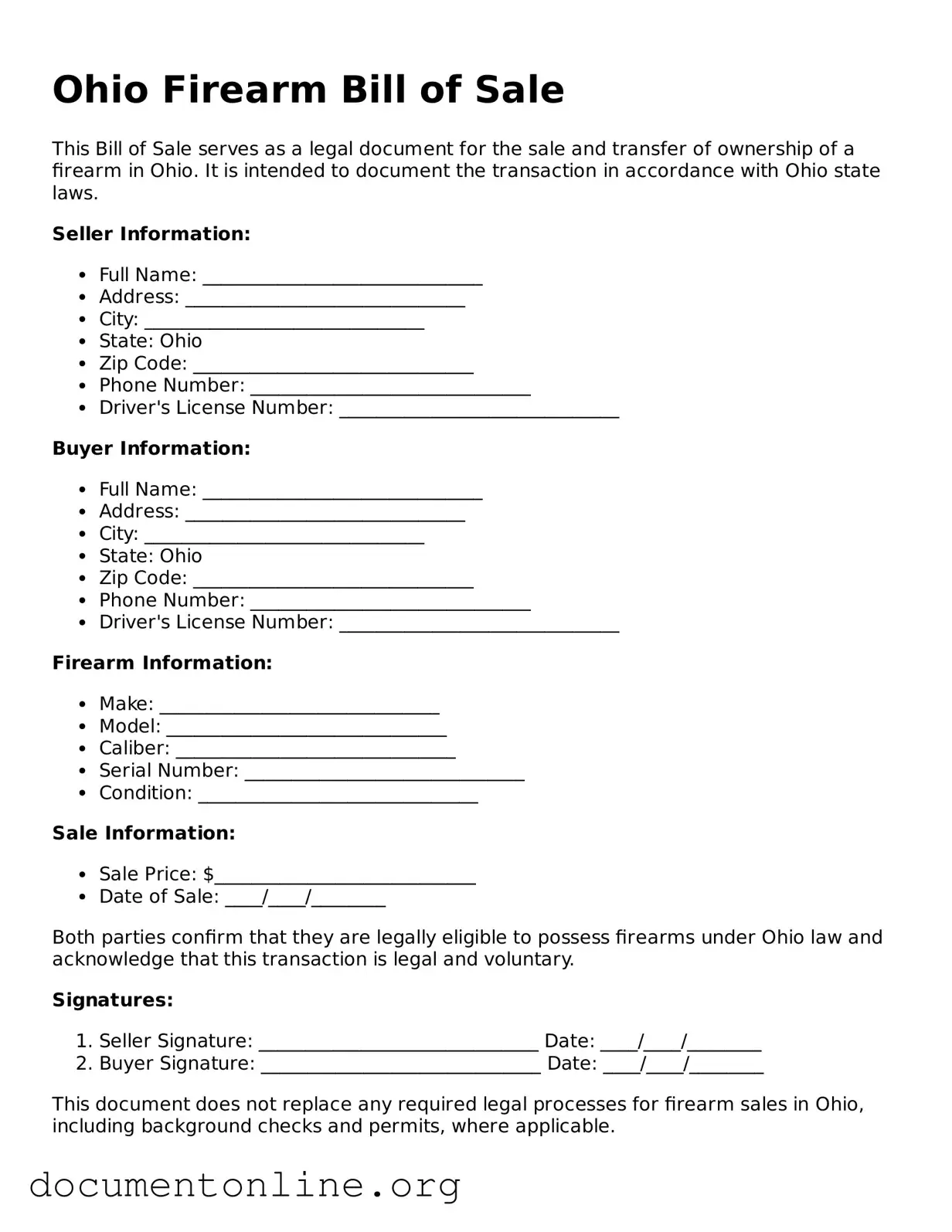 Free Firearm Bill of Sale Form for Ohio State