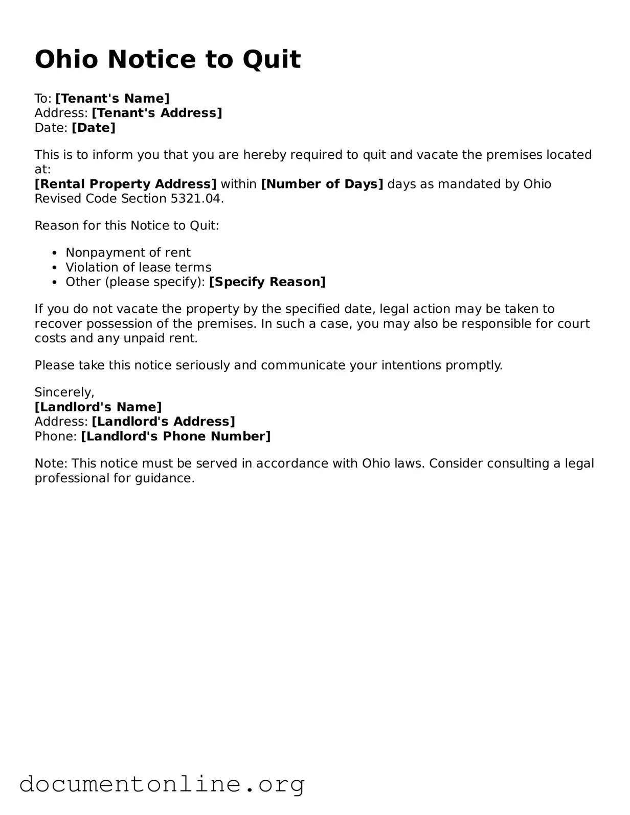 Free Notice to Quit Form for Ohio State