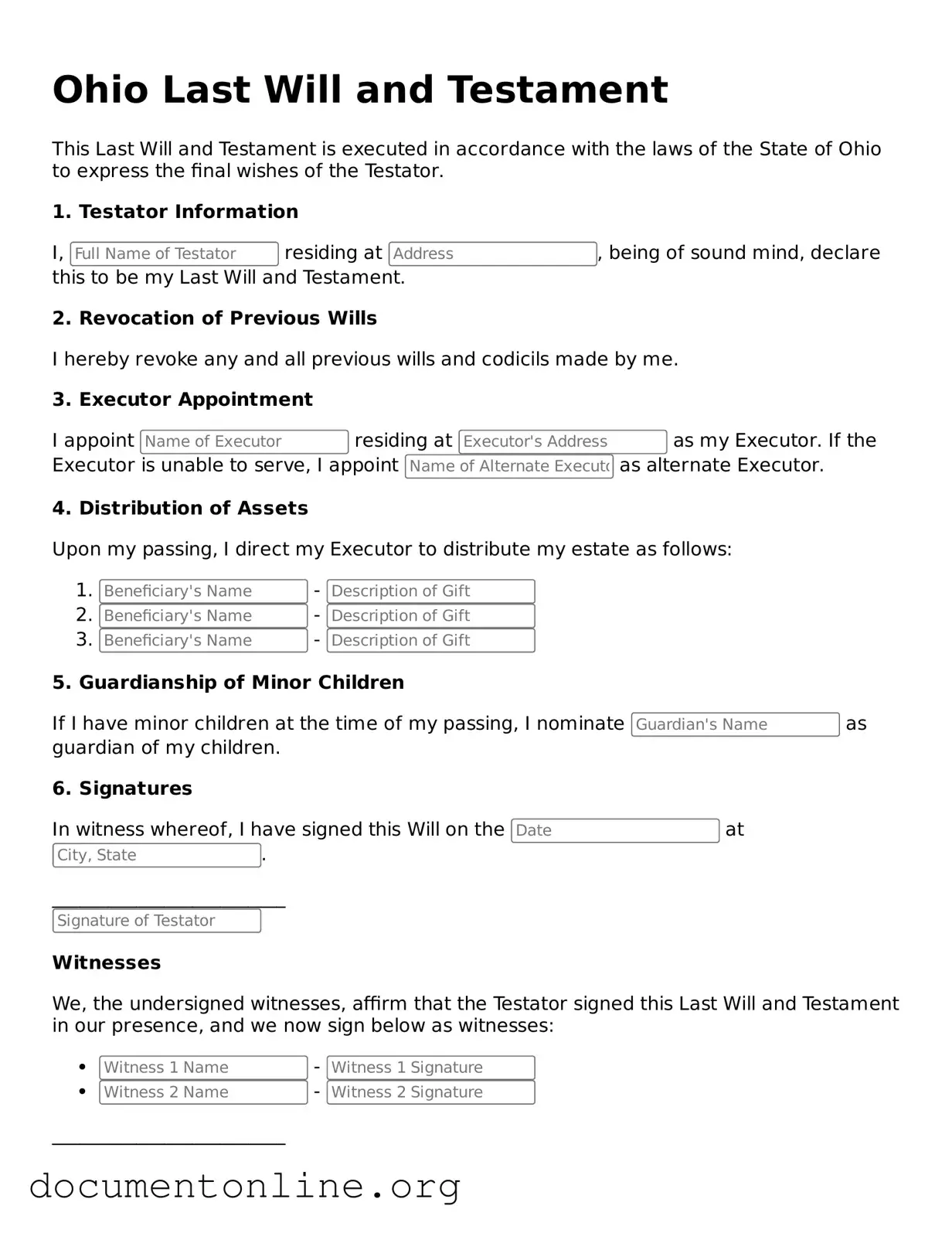 Free Last Will and Testament Form for Ohio State