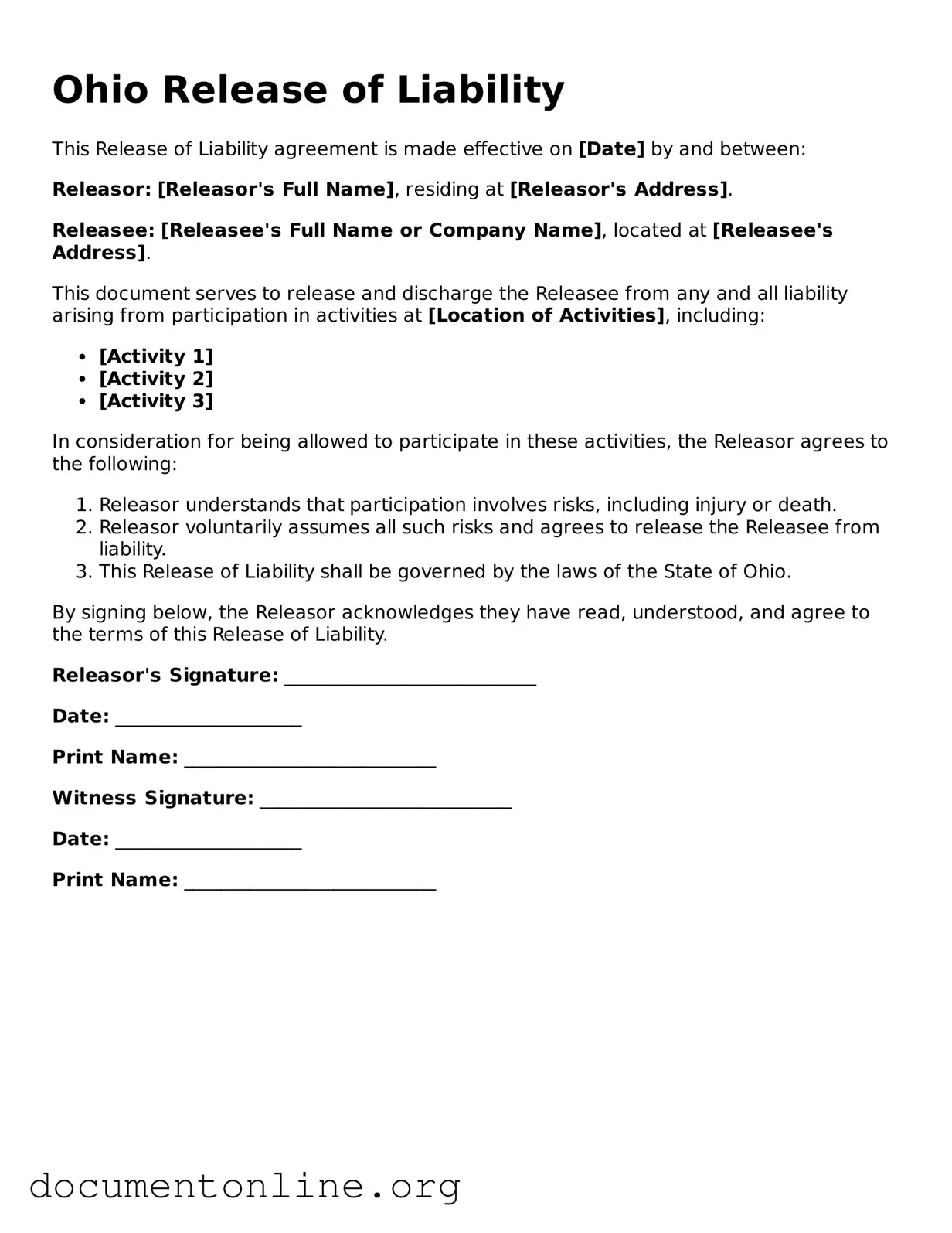 Free Release of Liability Form for Ohio State
