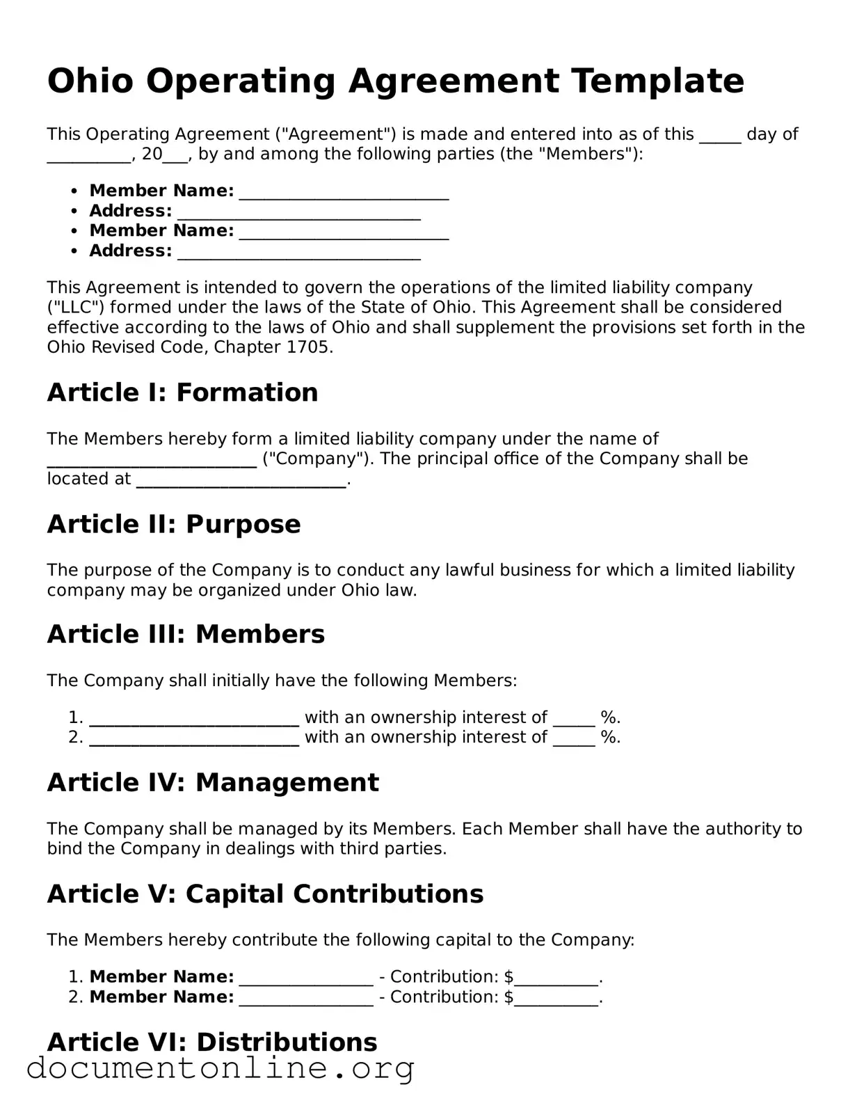 Free Operating Agreement Form for Ohio State