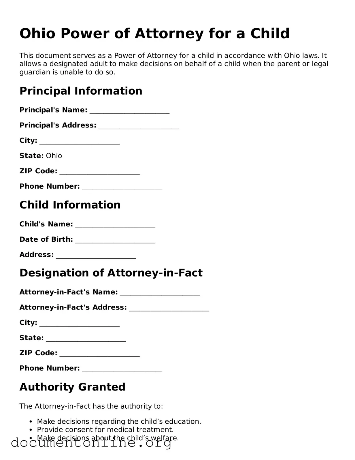 Free Power of Attorney for a Child Form for Ohio State