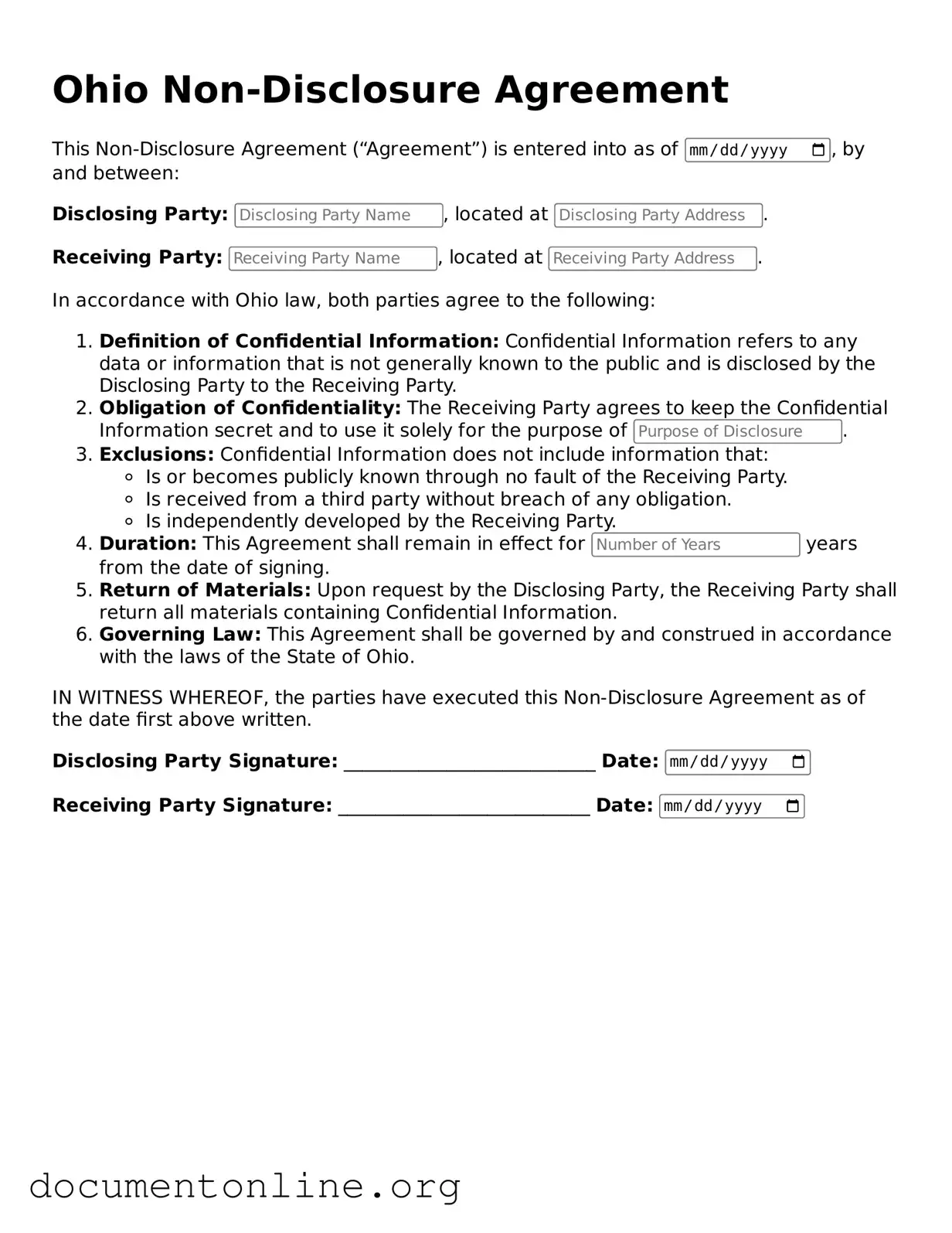 Free Non-disclosure Agreement Form for Ohio State