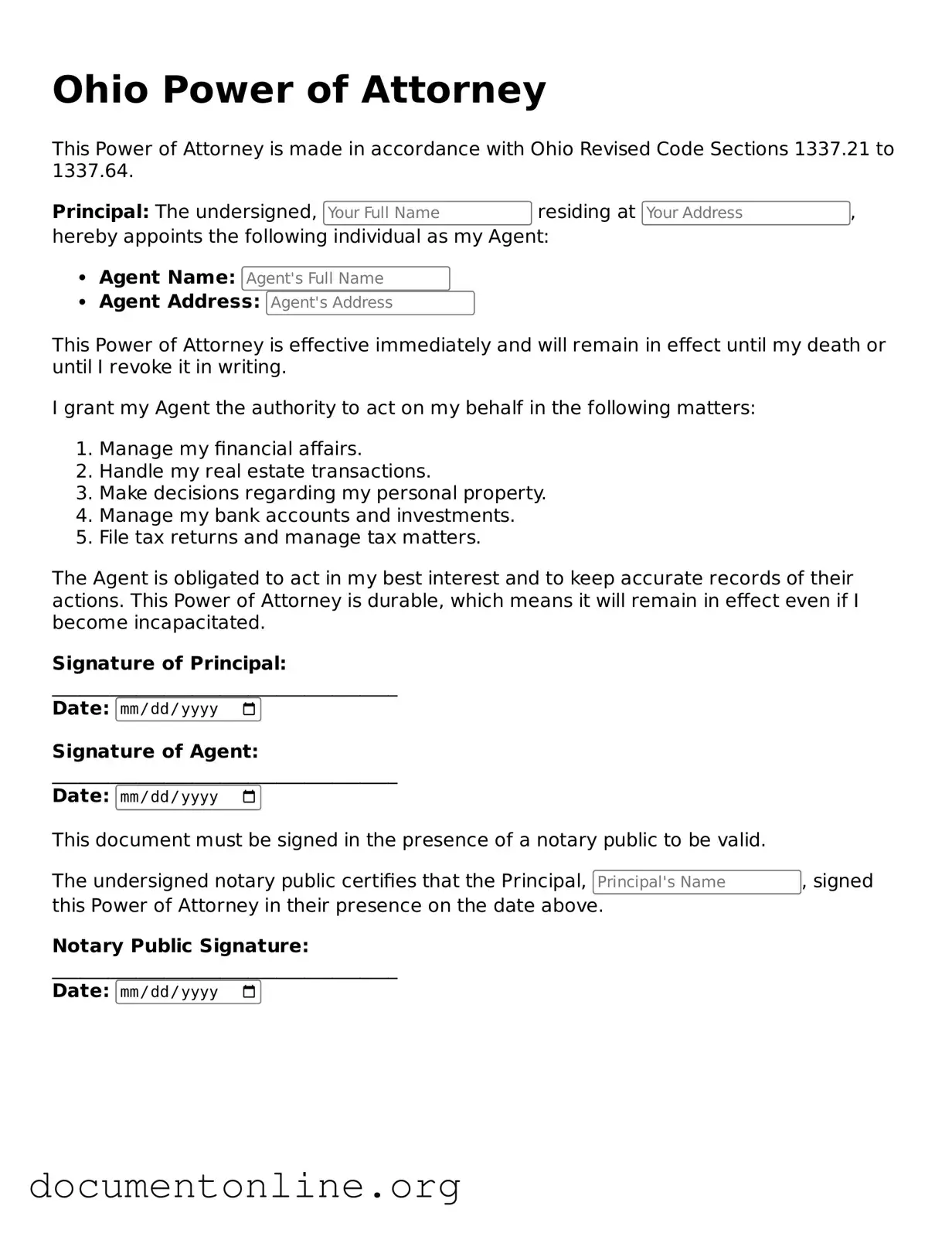 Free Power of Attorney Form for Ohio State