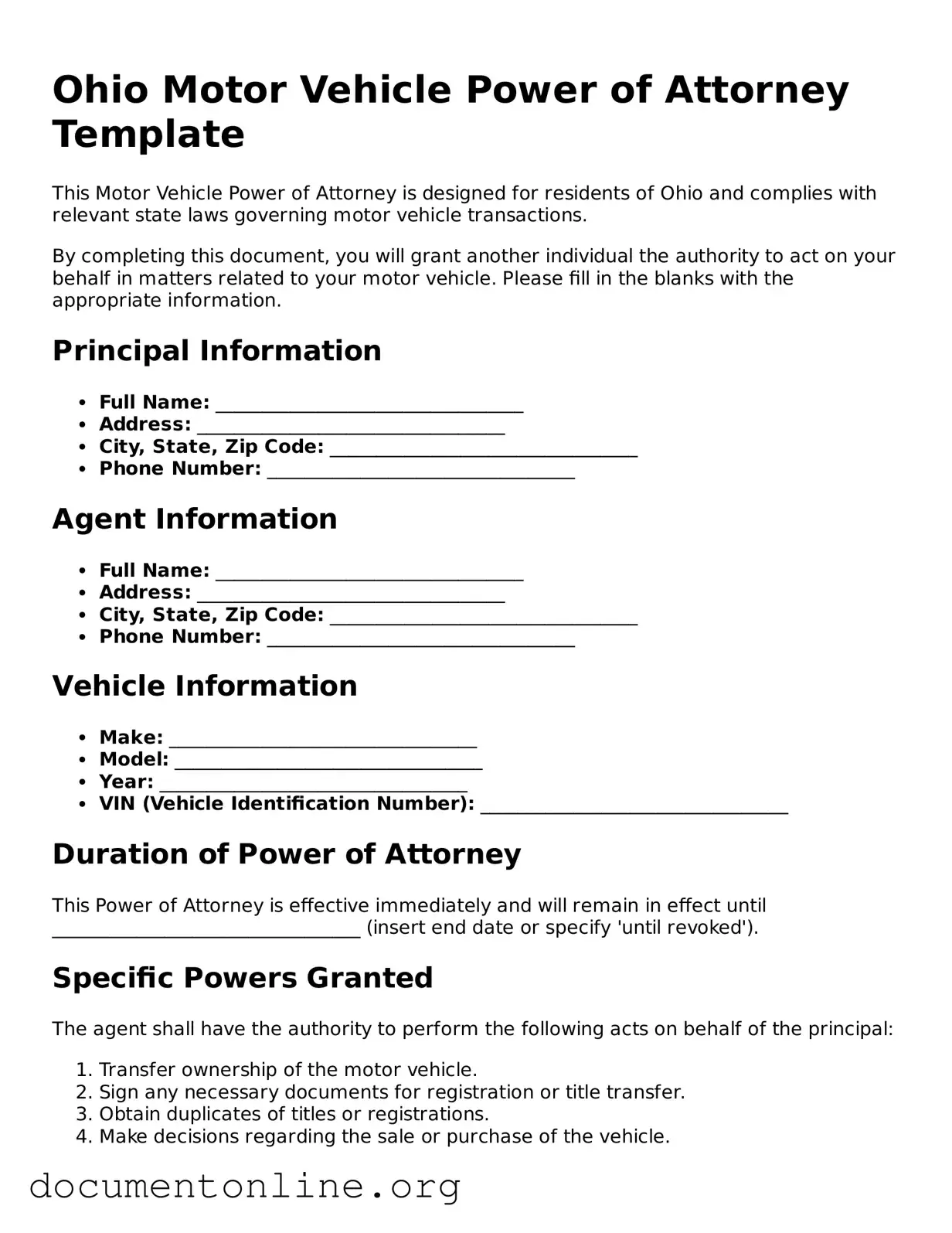 Free Motor Vehicle Power of Attorney Form for Ohio State