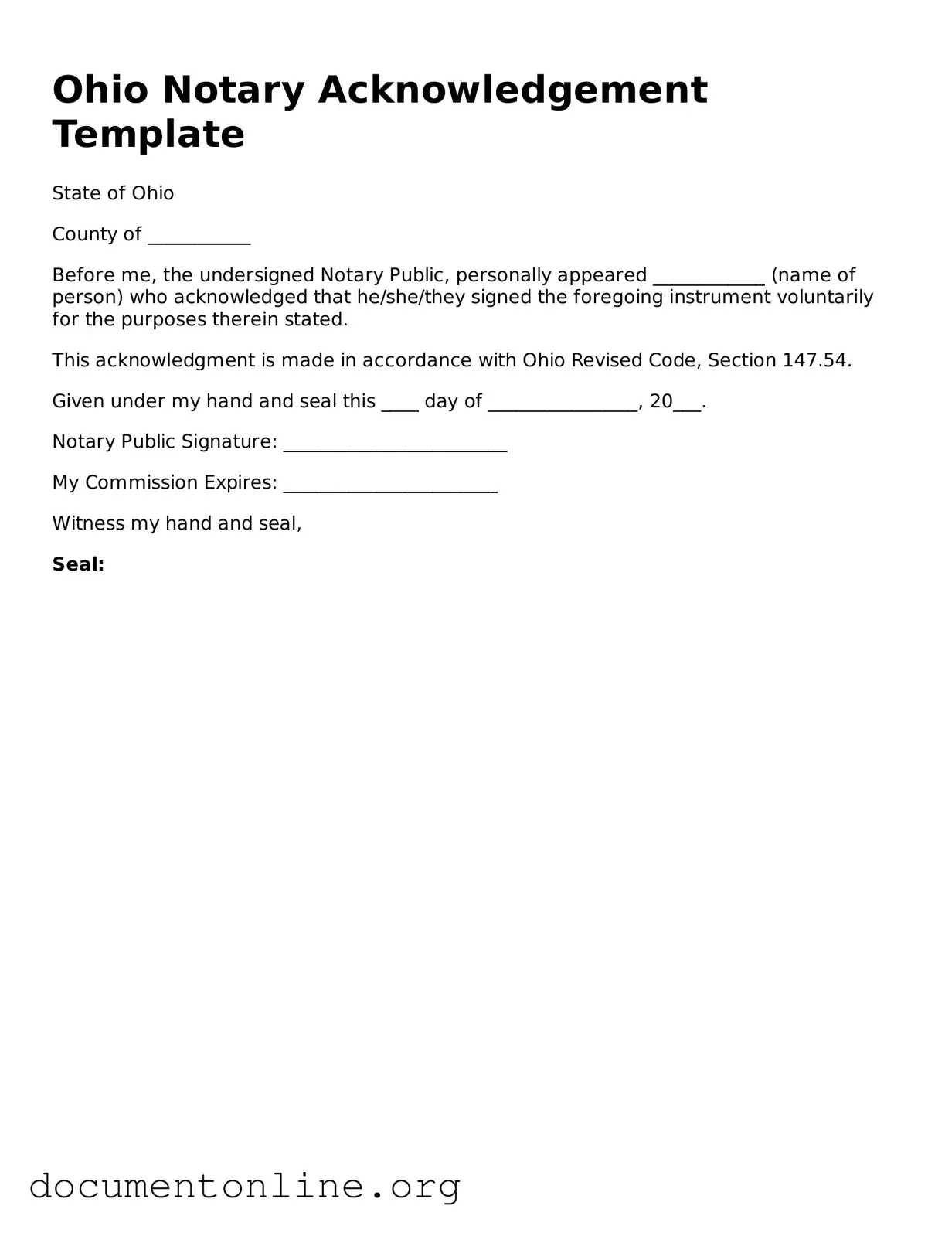 Free Notary Acknowledgement Form for Ohio State