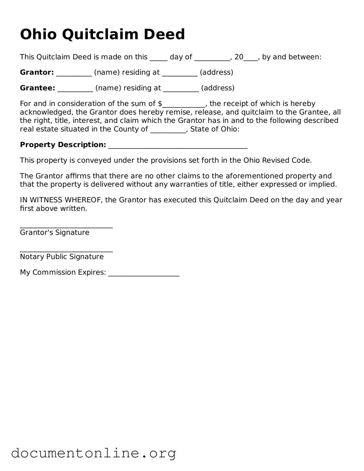 Free Quitclaim Deed Form for Ohio State