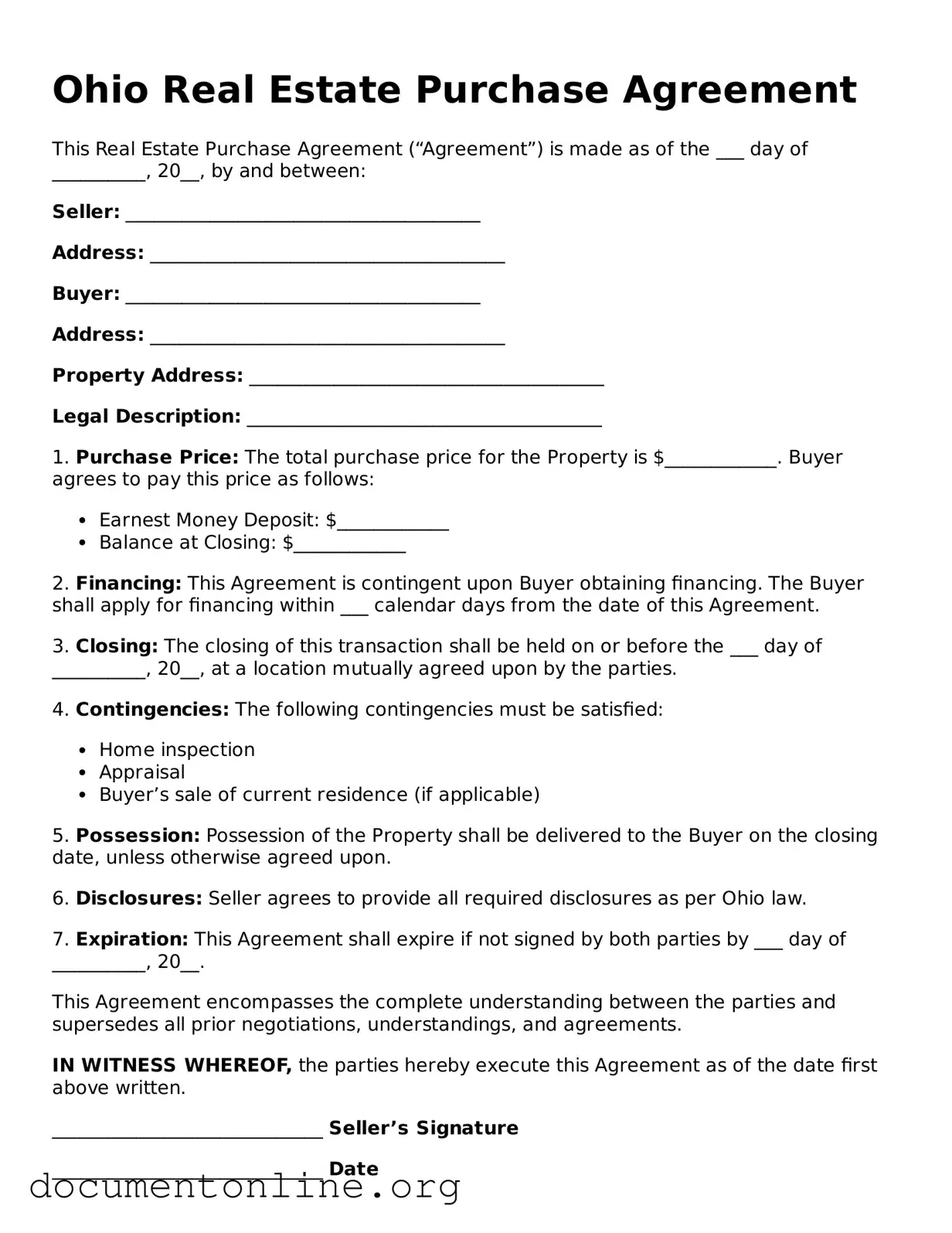 Free Real Estate Purchase Agreement Form for Ohio State