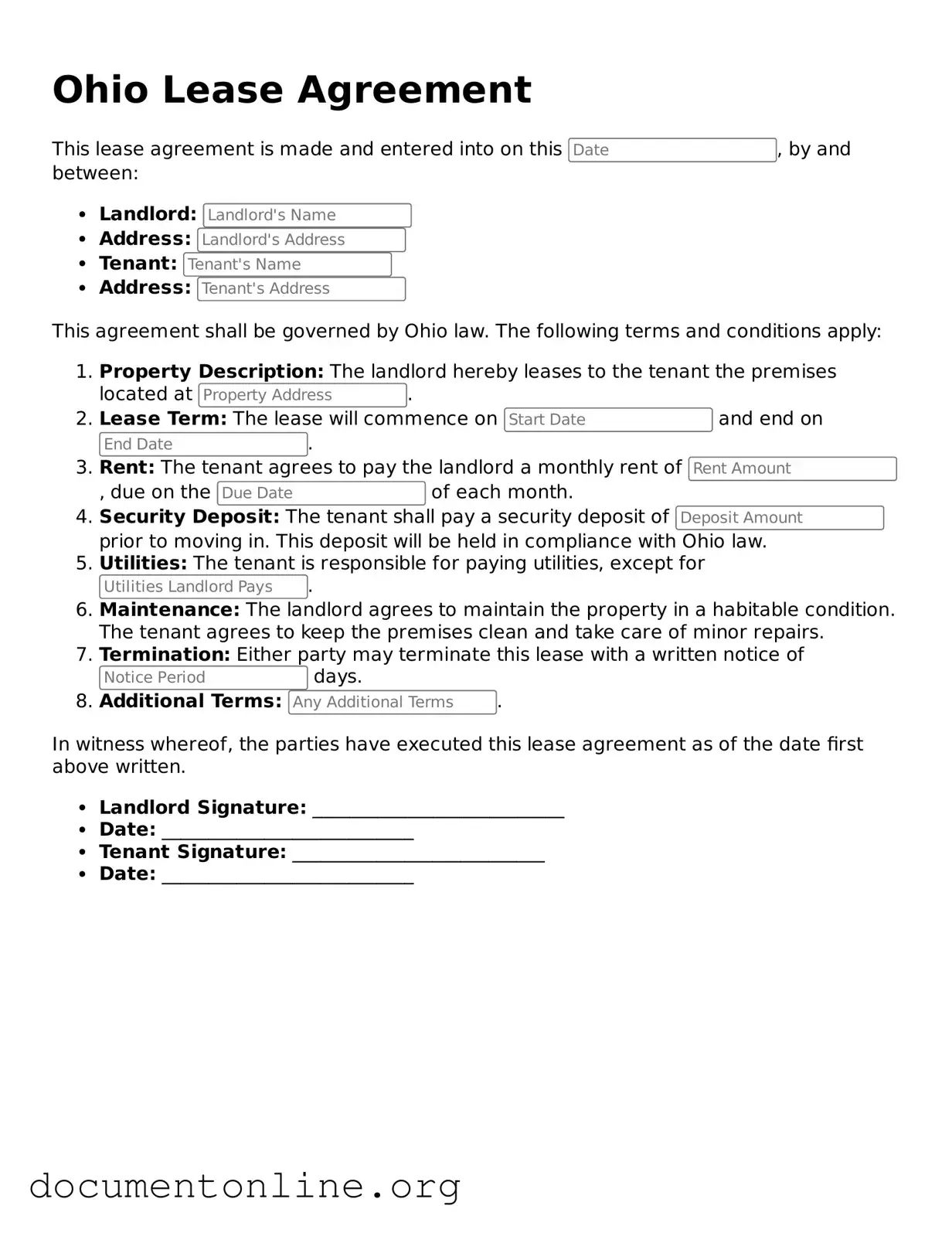 Free Lease Agreement Form for Ohio State