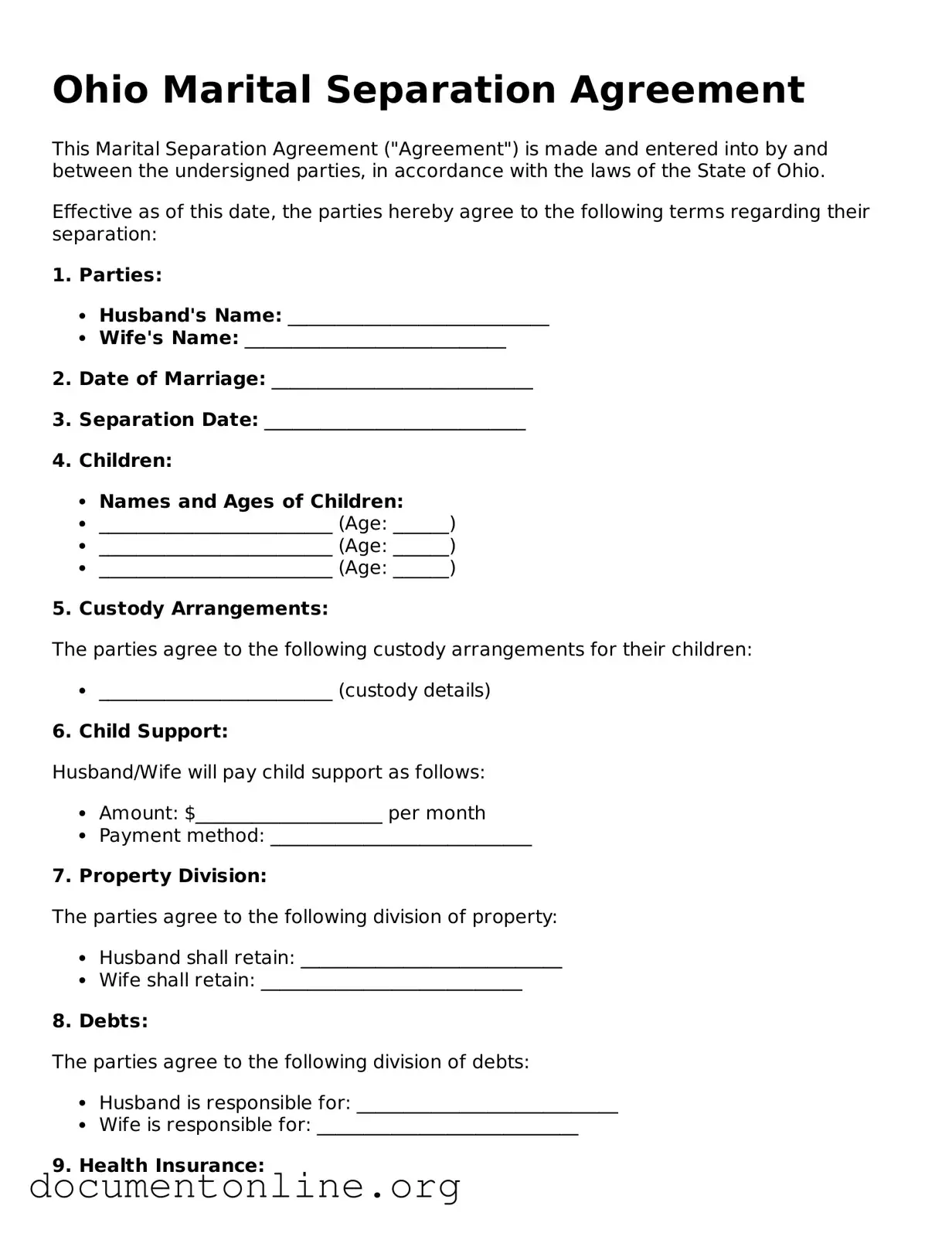 Free Marital Separation Agreement Form for Ohio State