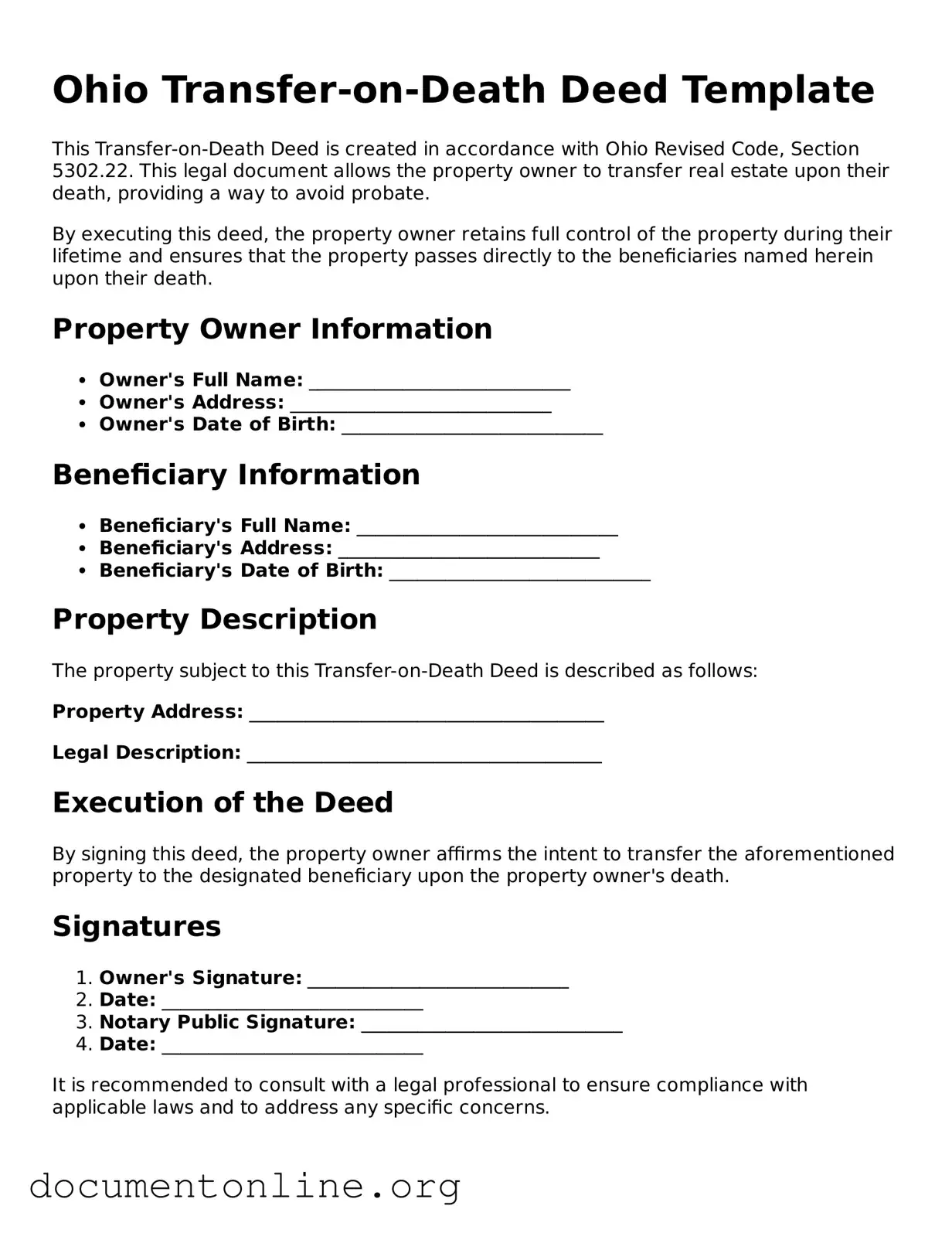 Free Transfer-on-Death Deed Form for Ohio State