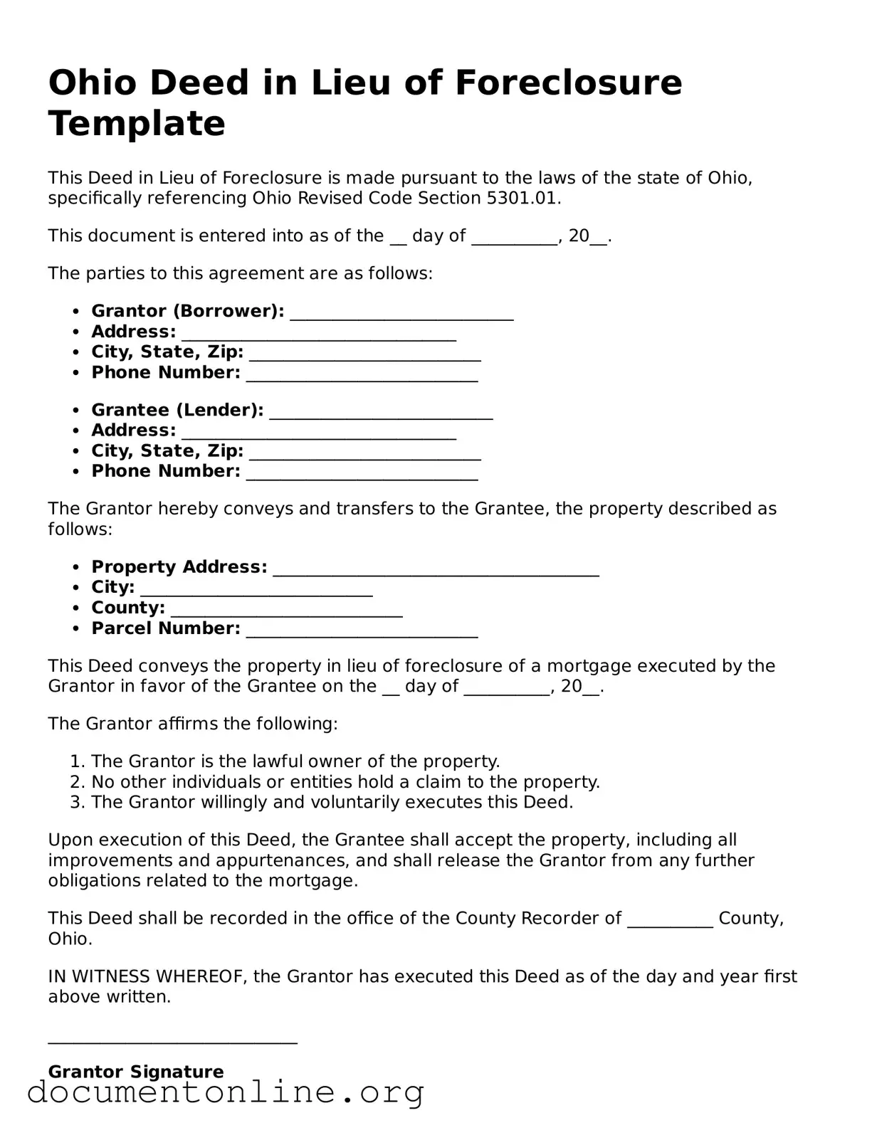 Free Deed in Lieu of Foreclosure Form for Ohio State