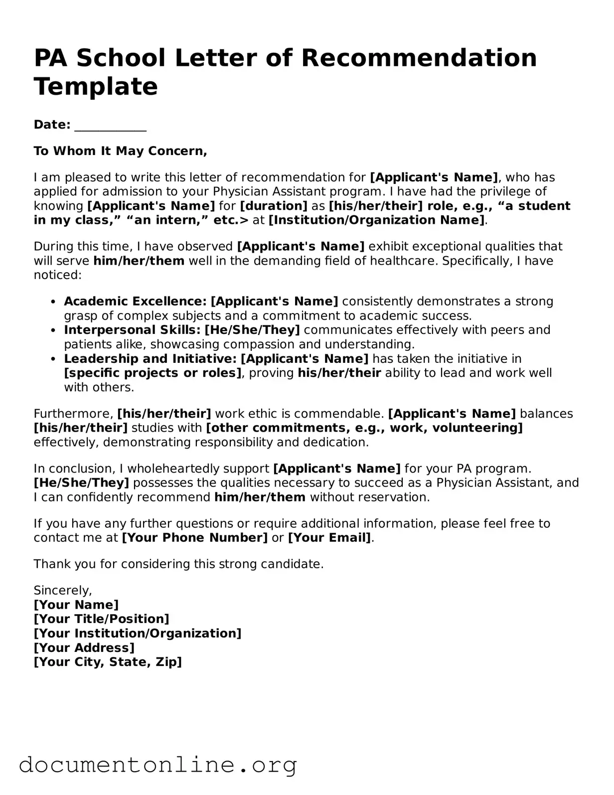 Free PA School Letter of Recommendation Form
