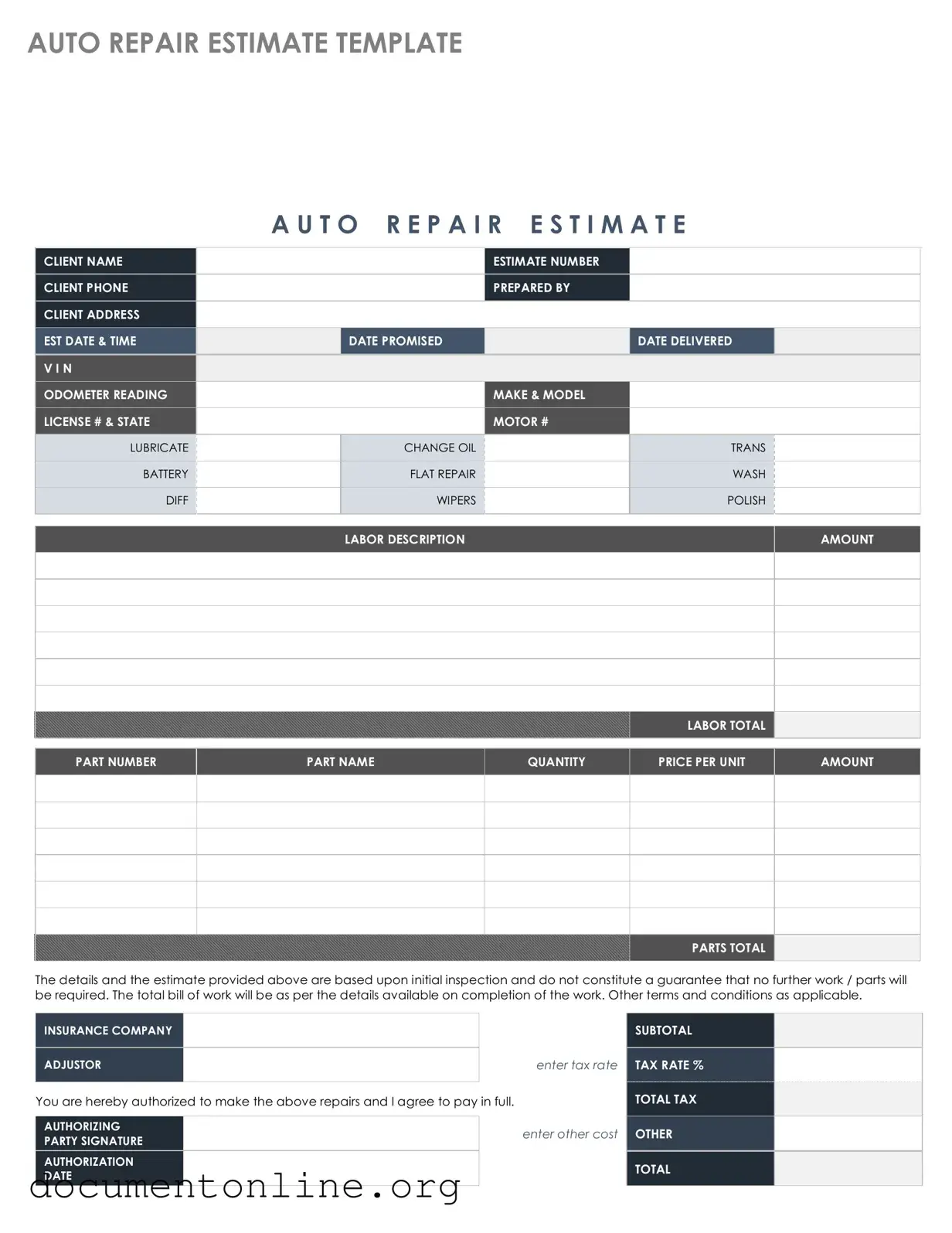 Free Auto Repair Estimate Template
