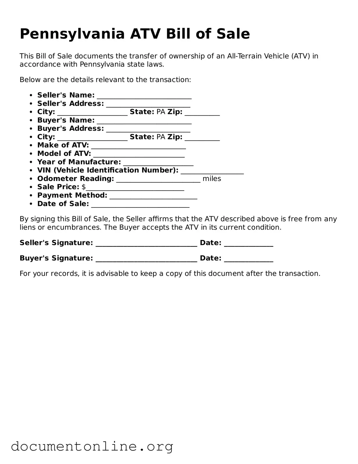Free ATV Bill of Sale Form for Pennsylvania State