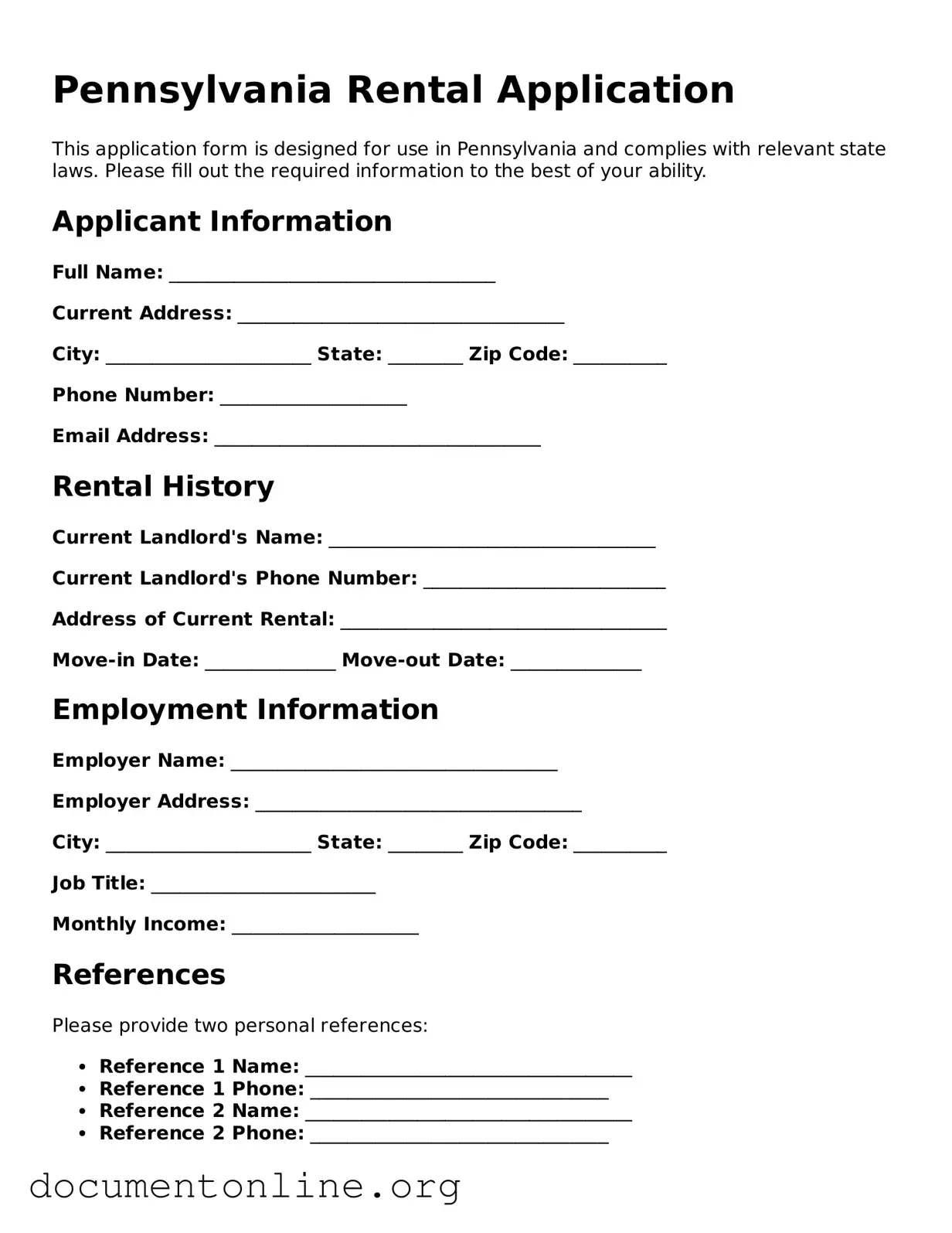 Free Rental Application Form for Pennsylvania State
