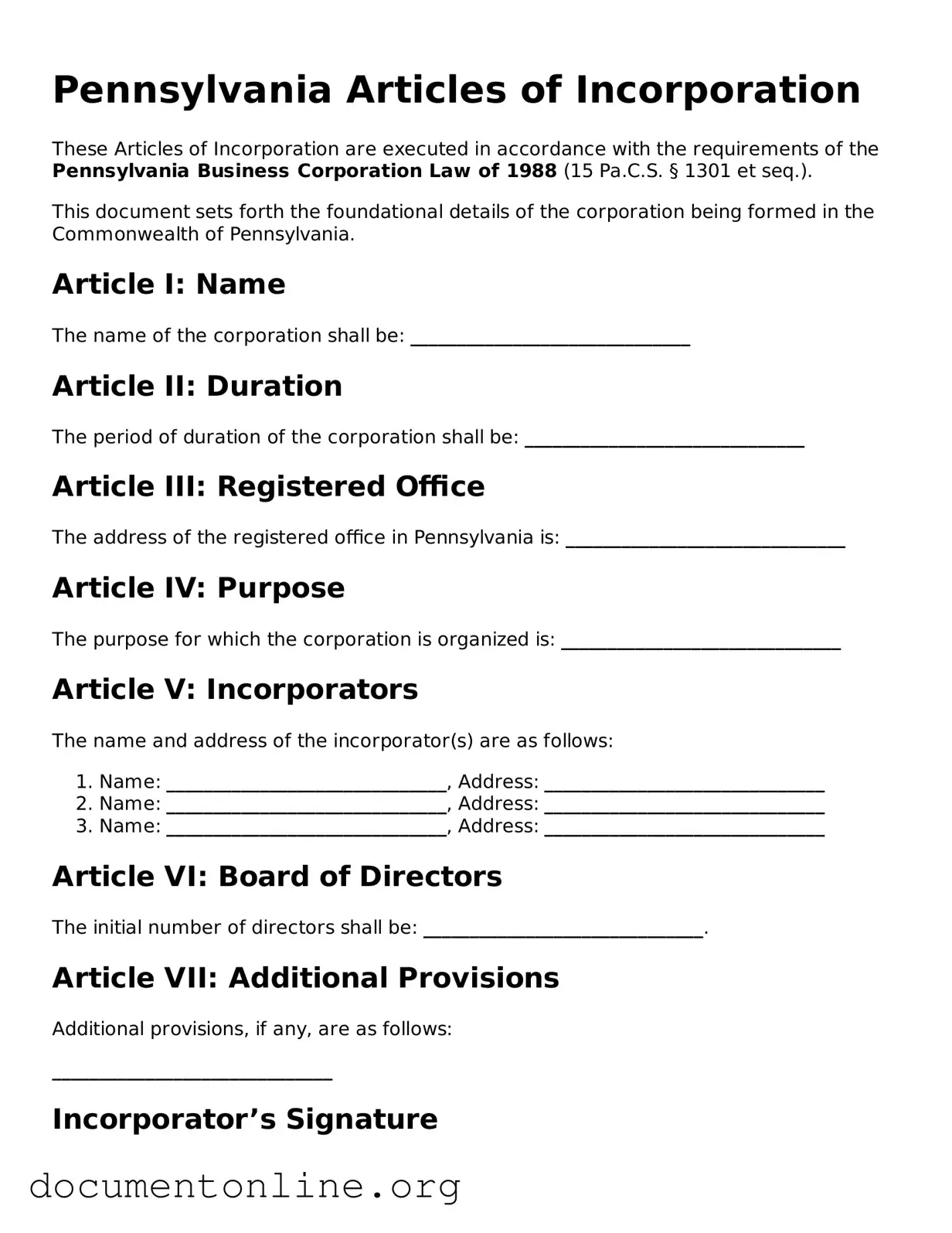 Free Articles of Incorporation Form for Pennsylvania State