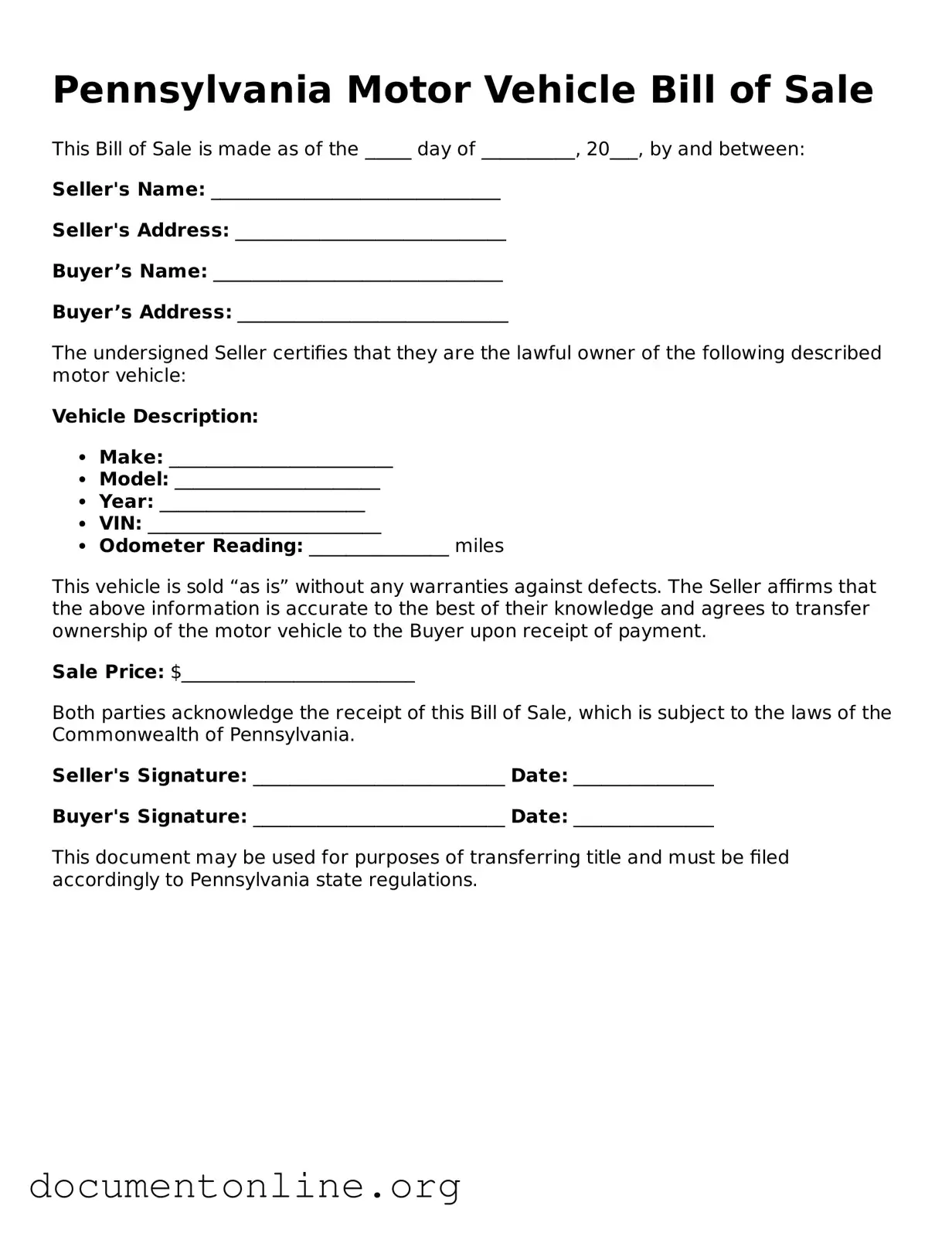 Free Motor Vehicle Bill of Sale Form for Pennsylvania State