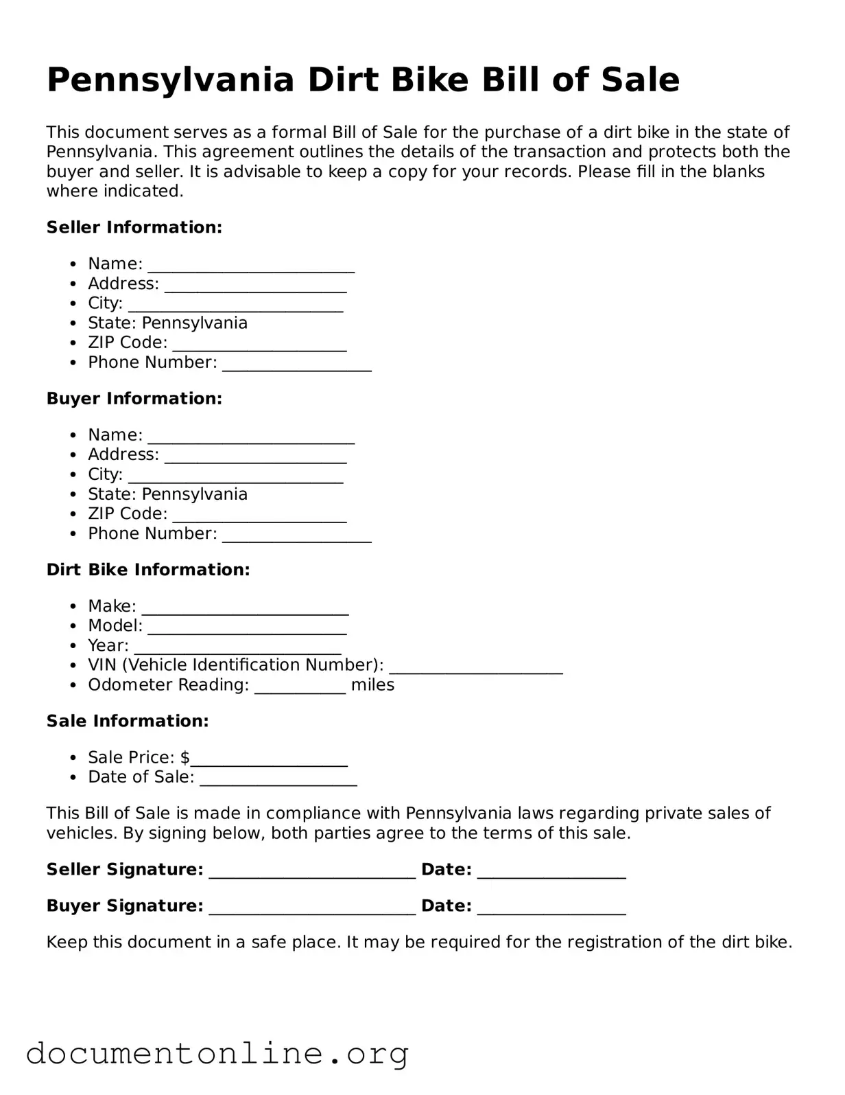 Free Dirt Bike Bill of Sale Form for Pennsylvania State