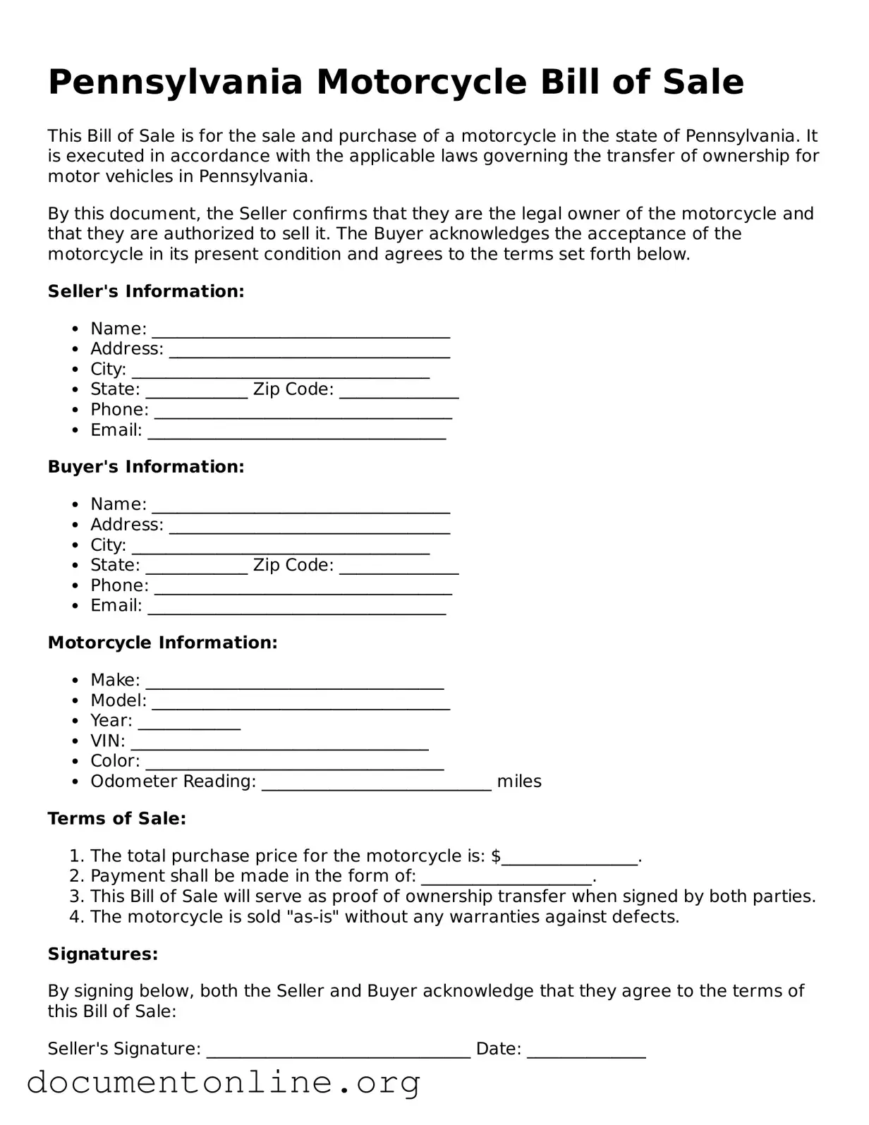 Free Motorcycle Bill of Sale Form for Pennsylvania State