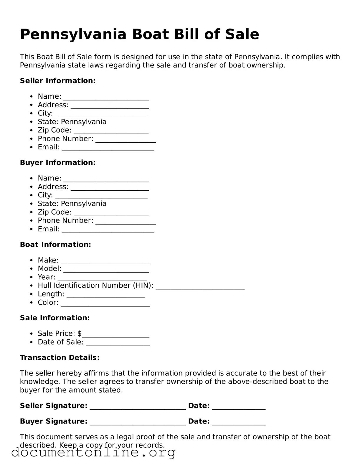 Free Boat Bill of Sale Form for Pennsylvania State