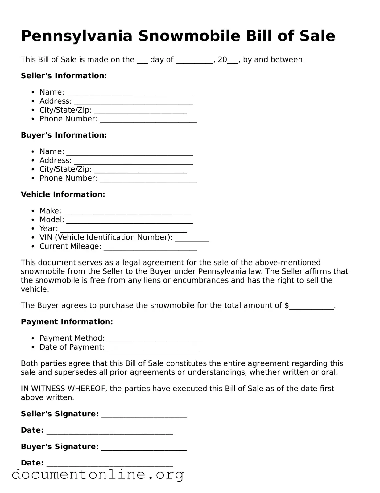 Free Snowmobile Bill of Sale Form for Pennsylvania State
