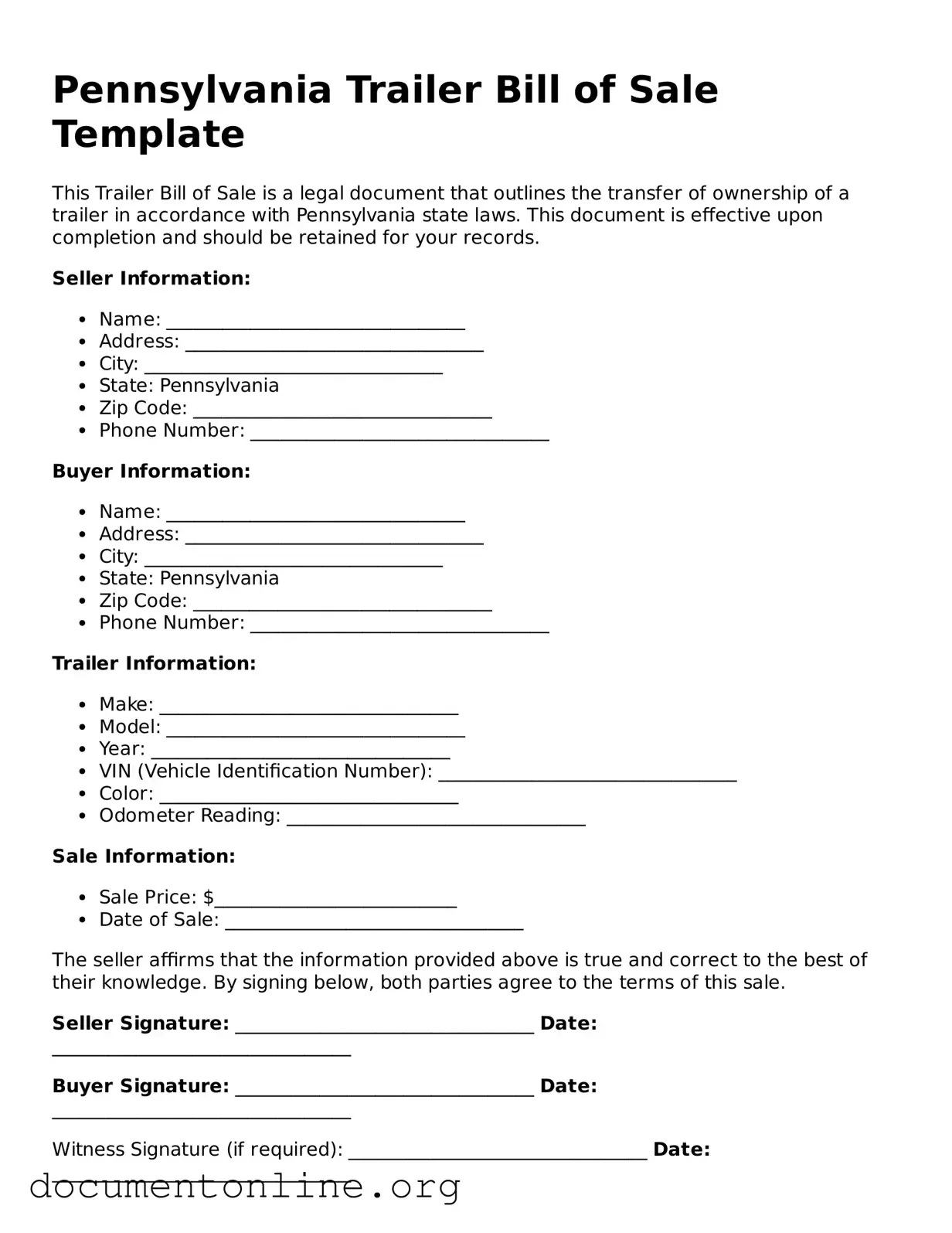 Free Trailer Bill of Sale Form for Pennsylvania State