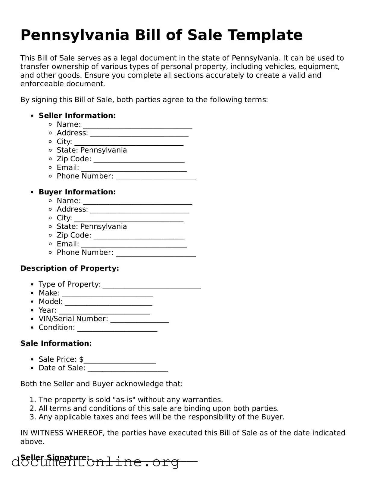 Free Bill of Sale Form for Pennsylvania State