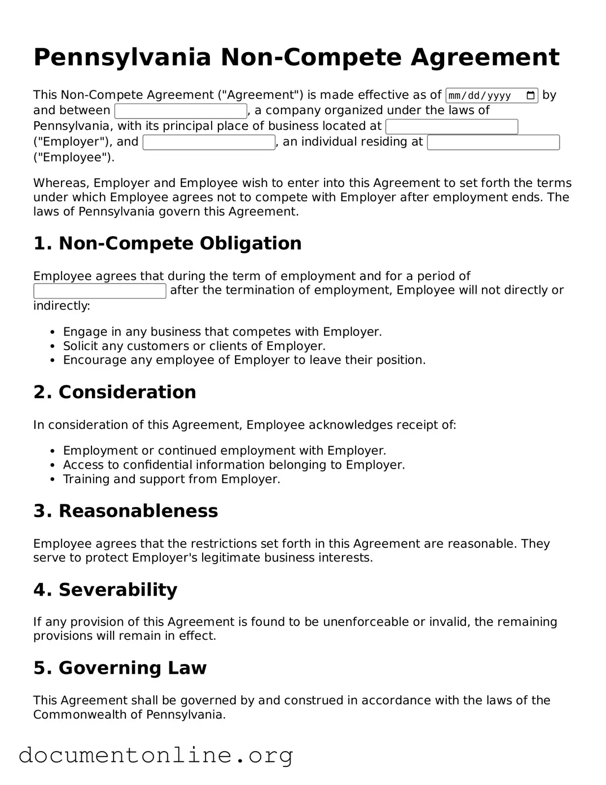 Free Non-compete Agreement Form for Pennsylvania State