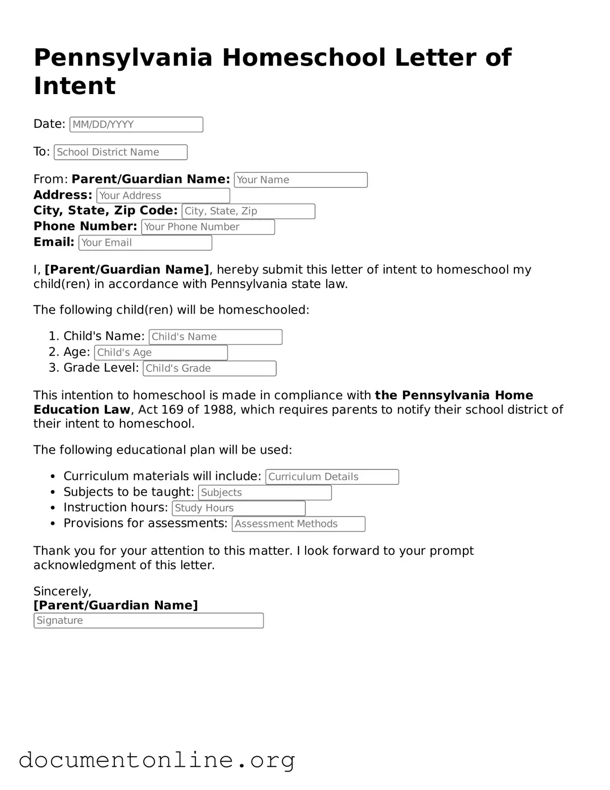 Free Homeschool Letter of Intent Form for Pennsylvania State