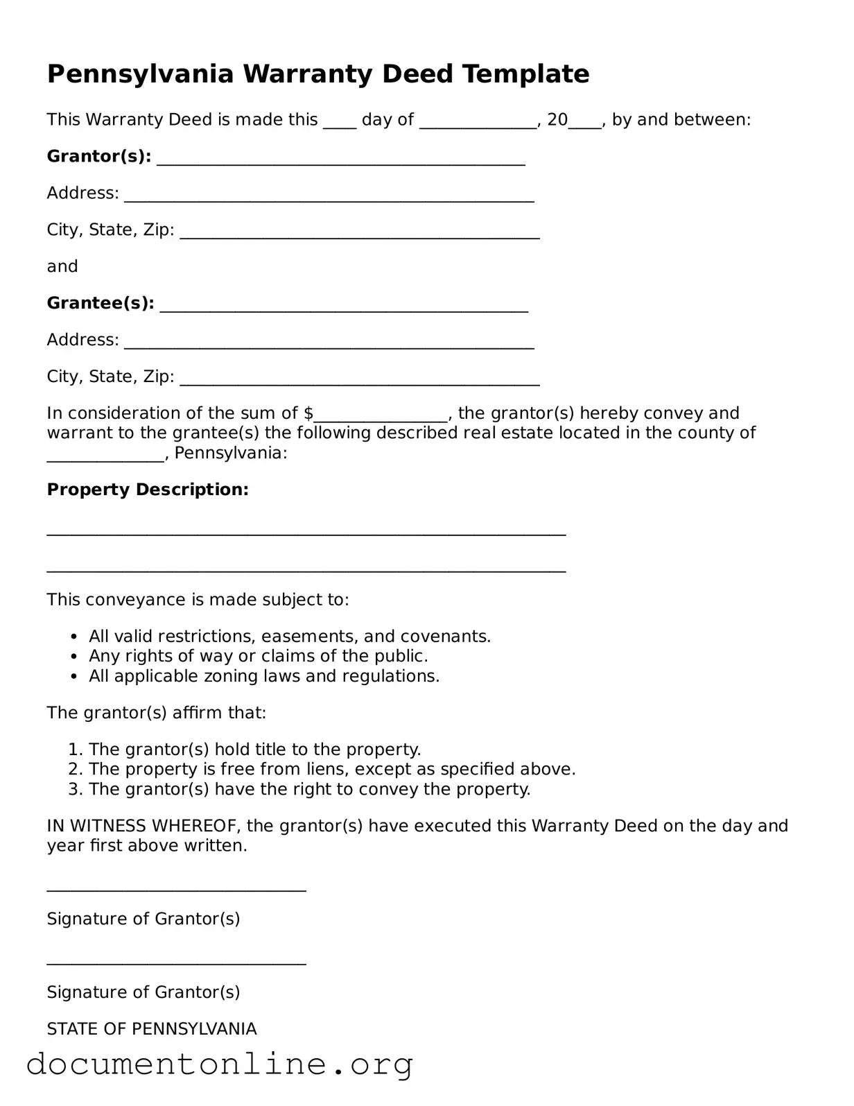 Free Deed Form for Pennsylvania State