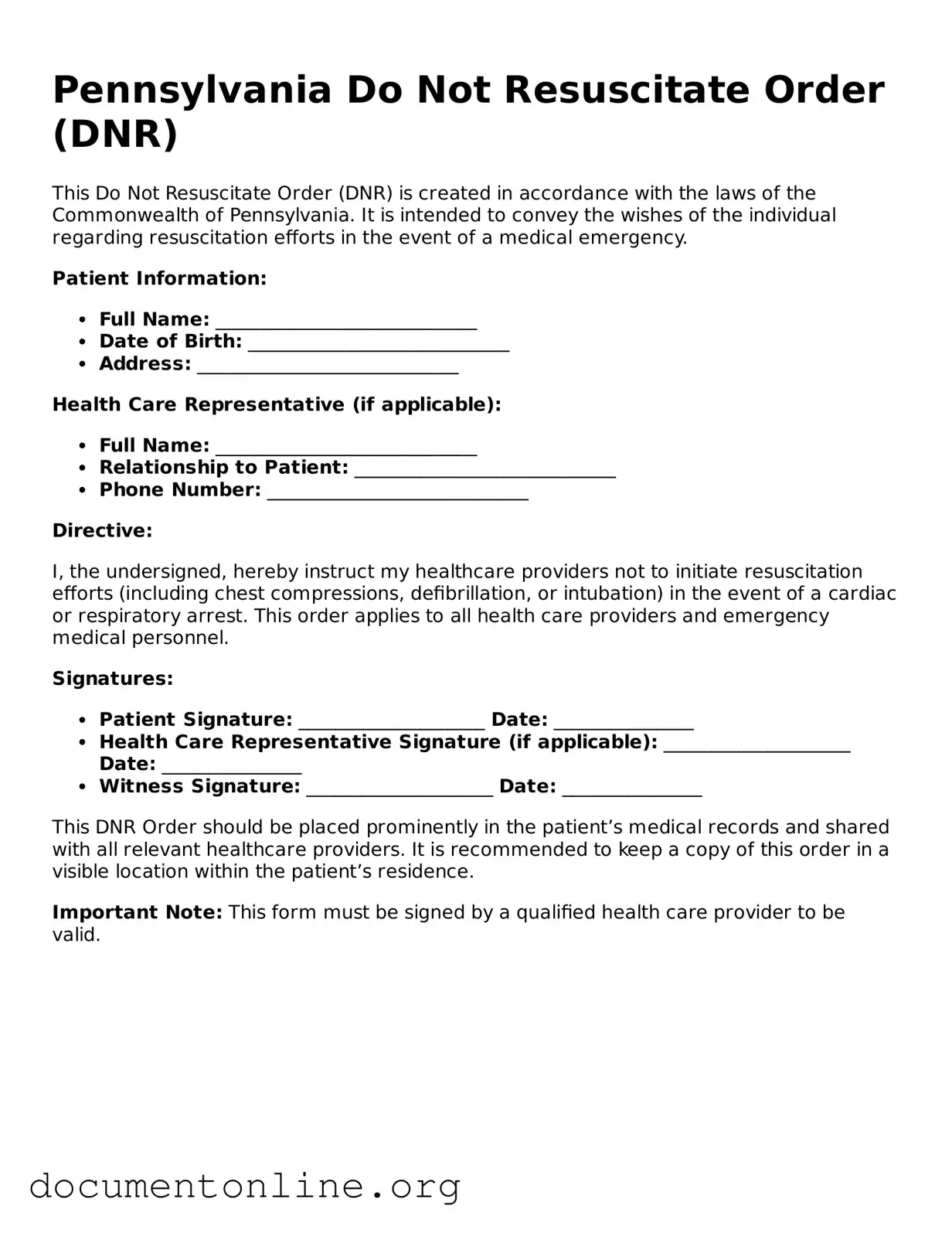 Free Do Not Resuscitate Order Form for Pennsylvania State