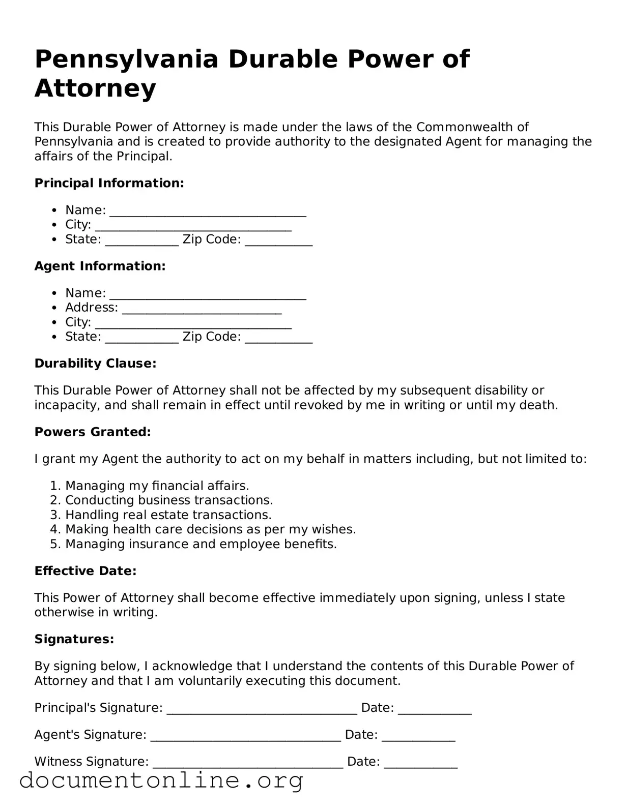 Free Durable Power of Attorney Form for Pennsylvania State