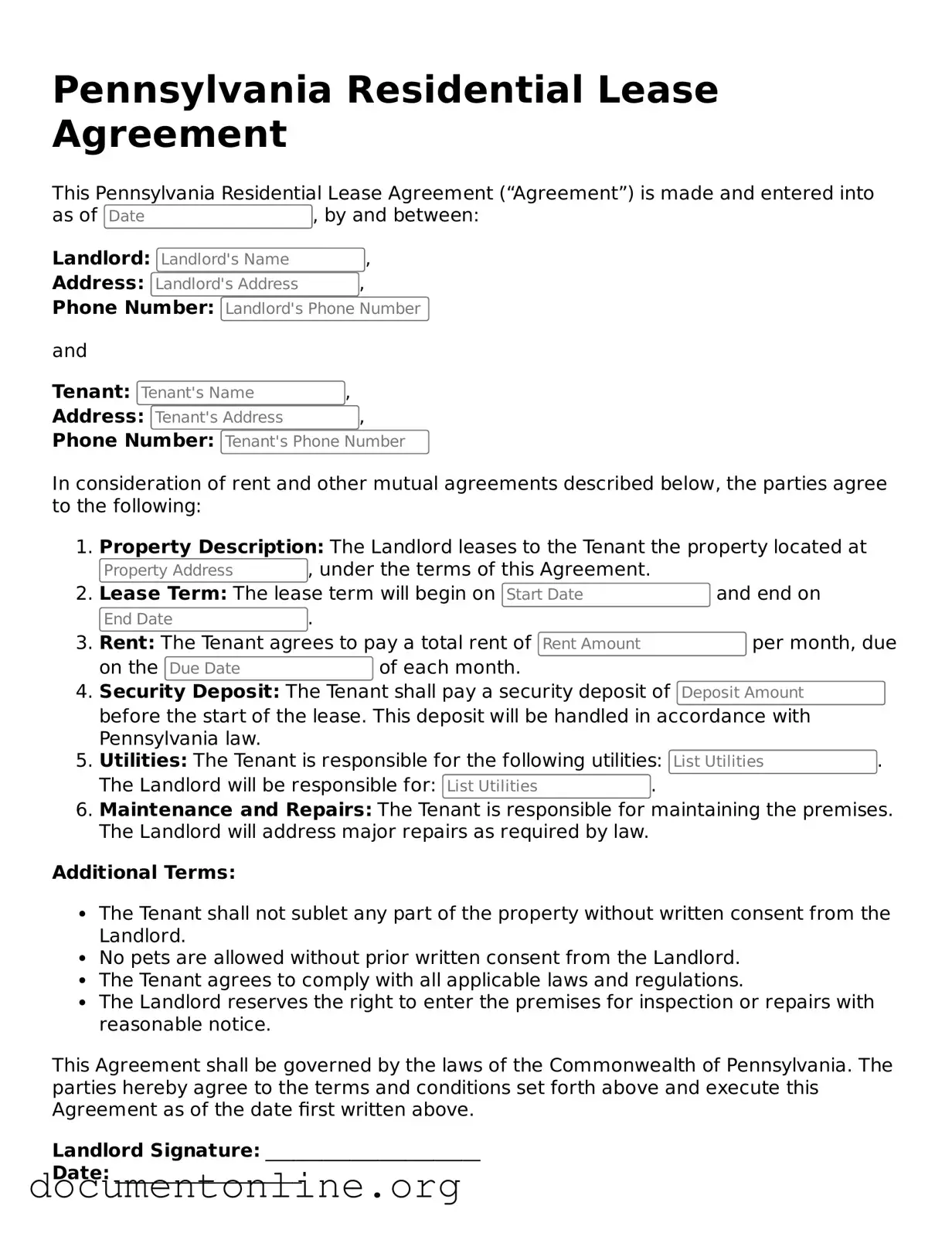 Free Residential Lease Agreement Form for Pennsylvania State
