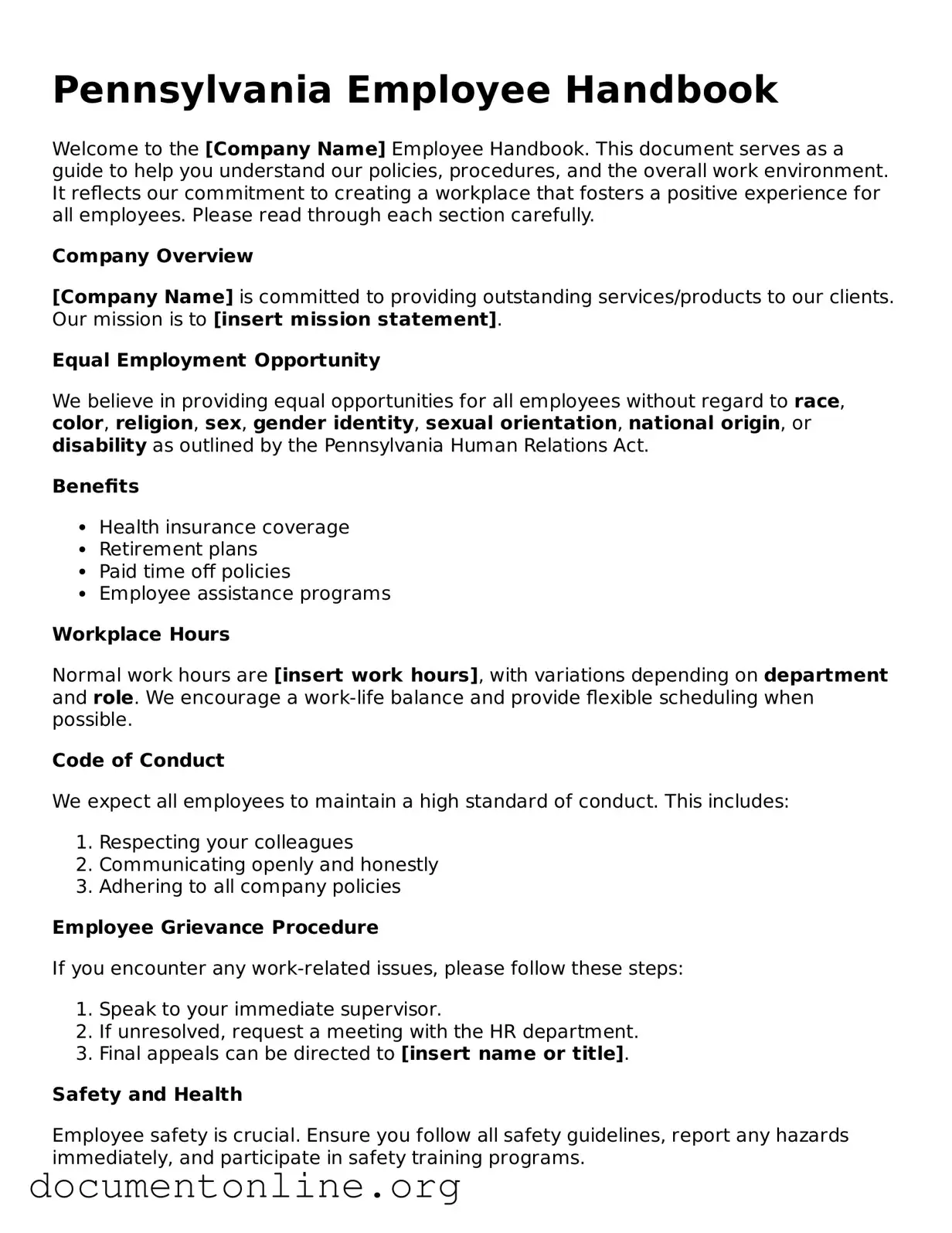 Free Employee Handbook Form for Pennsylvania State