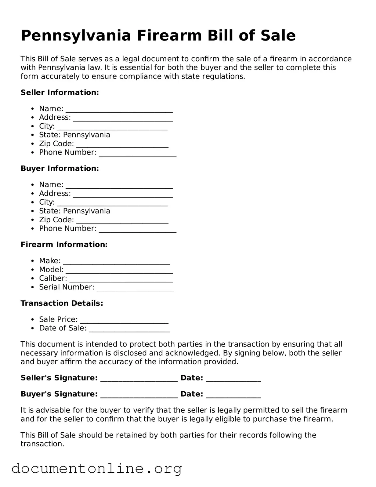 Free Firearm Bill of Sale Form for Pennsylvania State