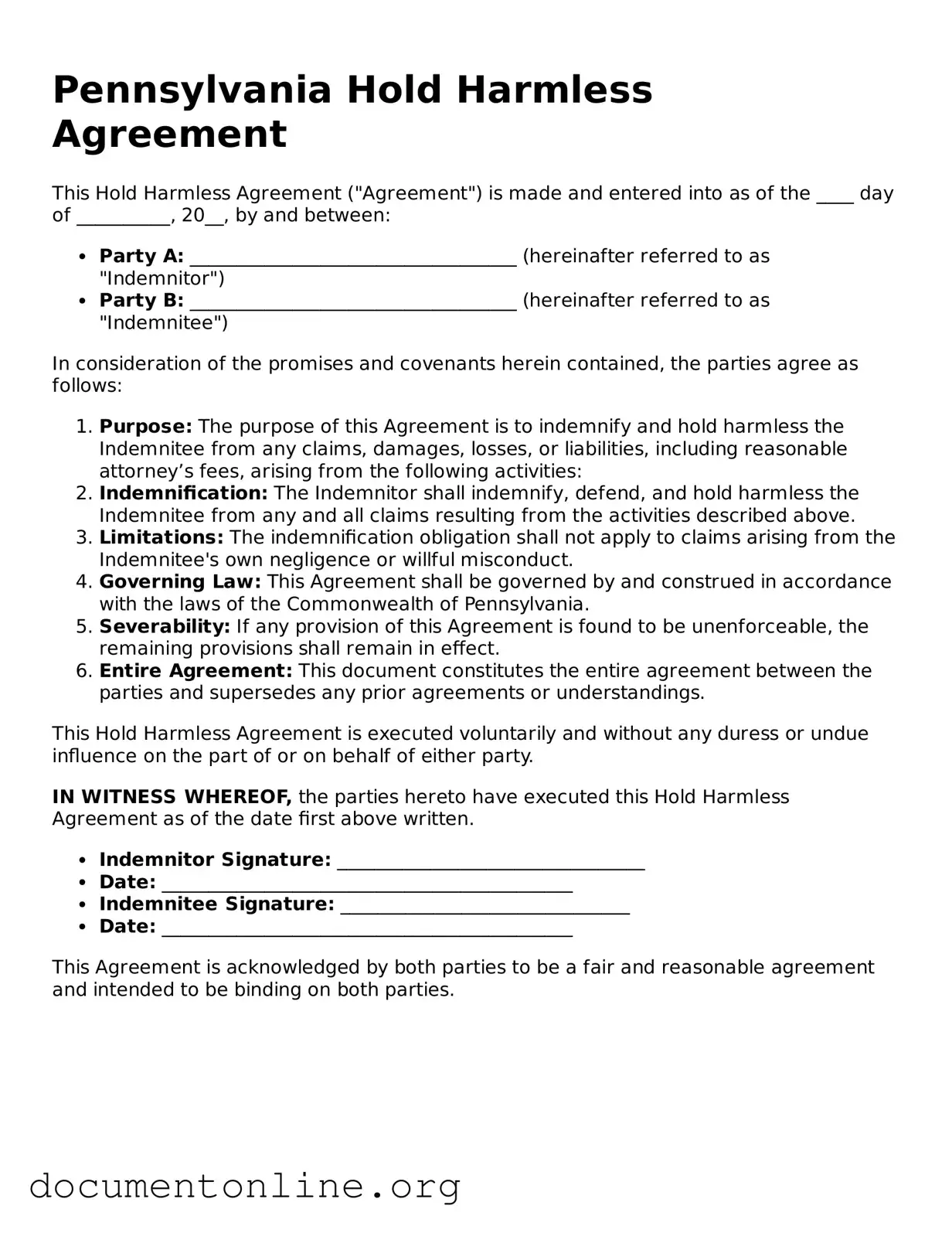 Free Hold Harmless Agreement Form for Pennsylvania State