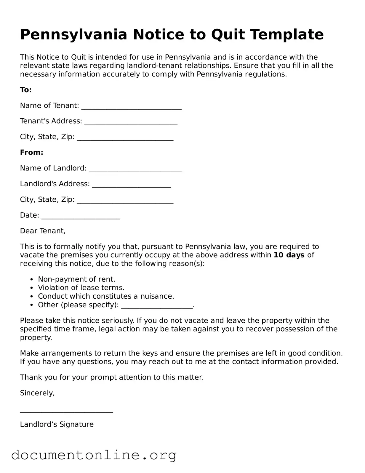 Free Notice to Quit Form for Pennsylvania State