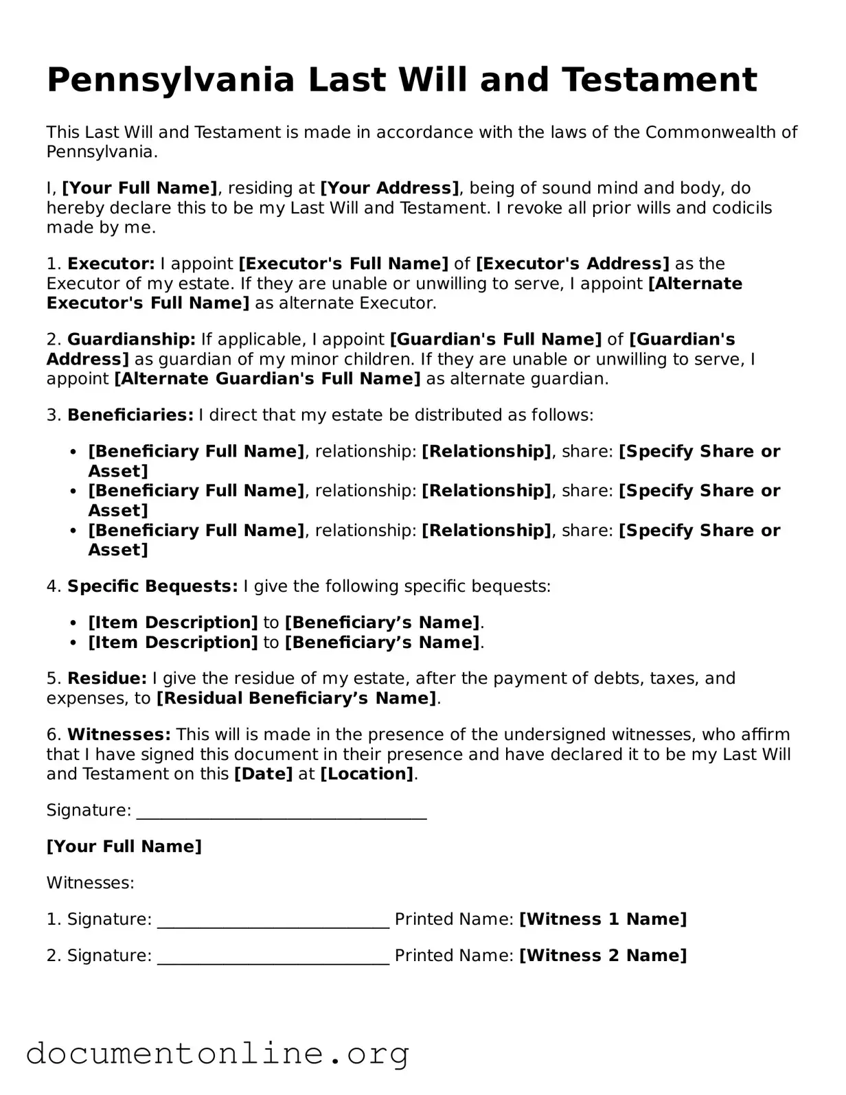 Free Last Will and Testament Form for Pennsylvania State