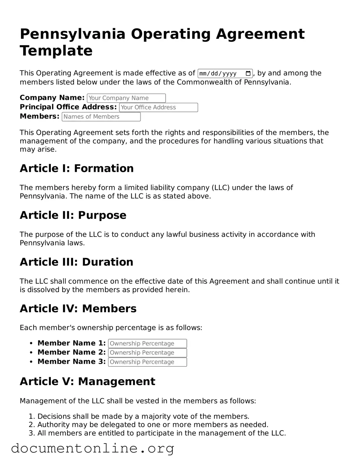 Free Operating Agreement Form for Pennsylvania State