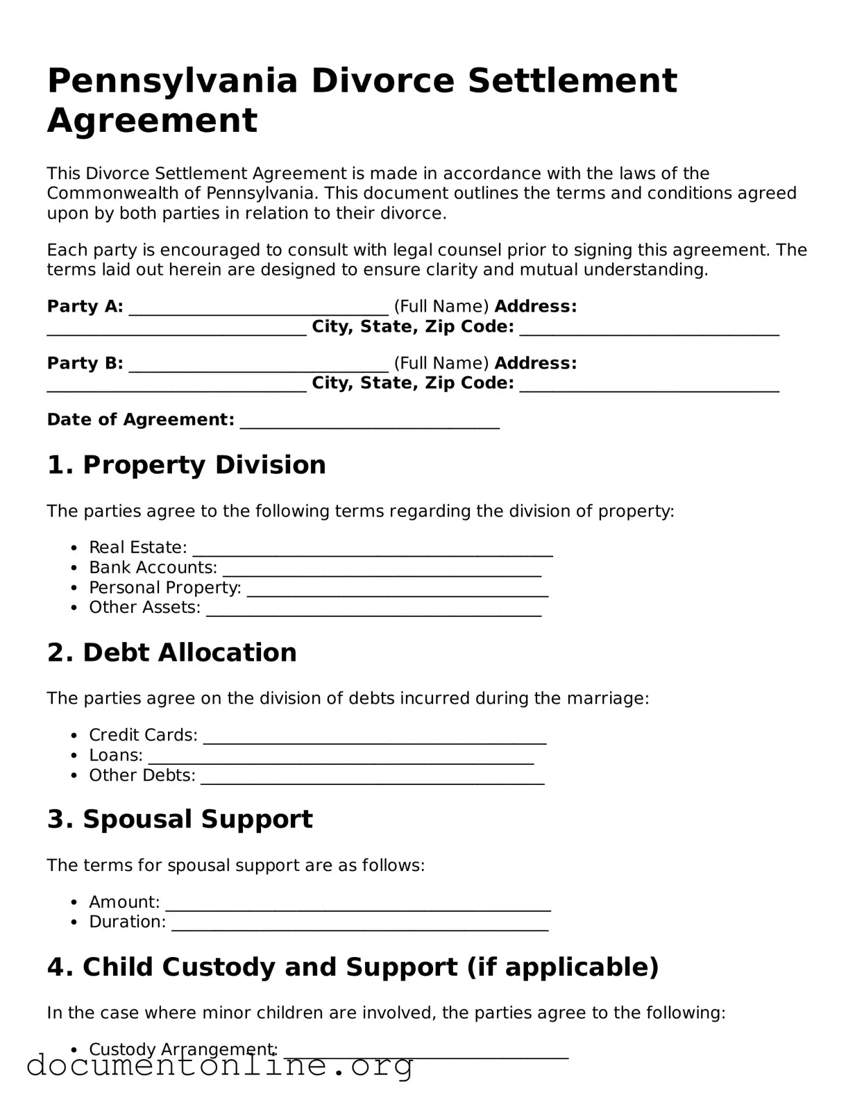 Free Divorce Settlement Agreement Form for Pennsylvania State