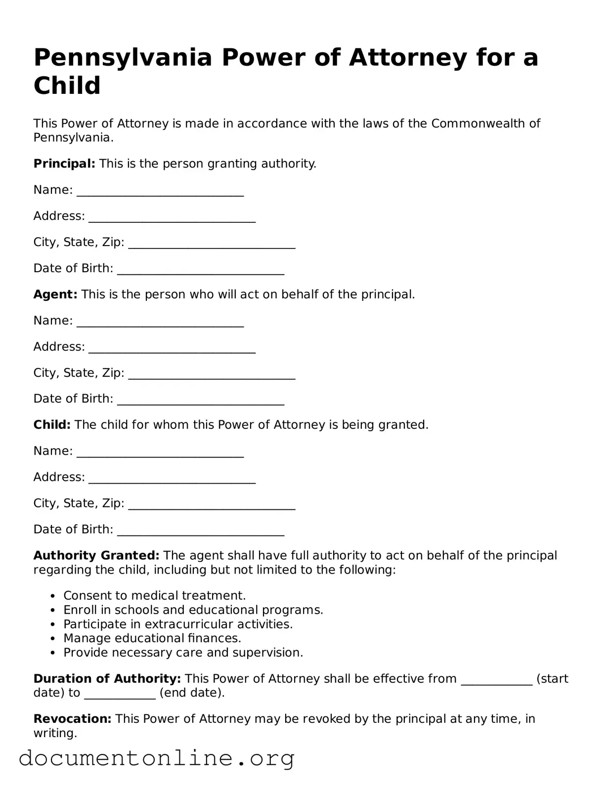 Free Power of Attorney for a Child Form for Pennsylvania State