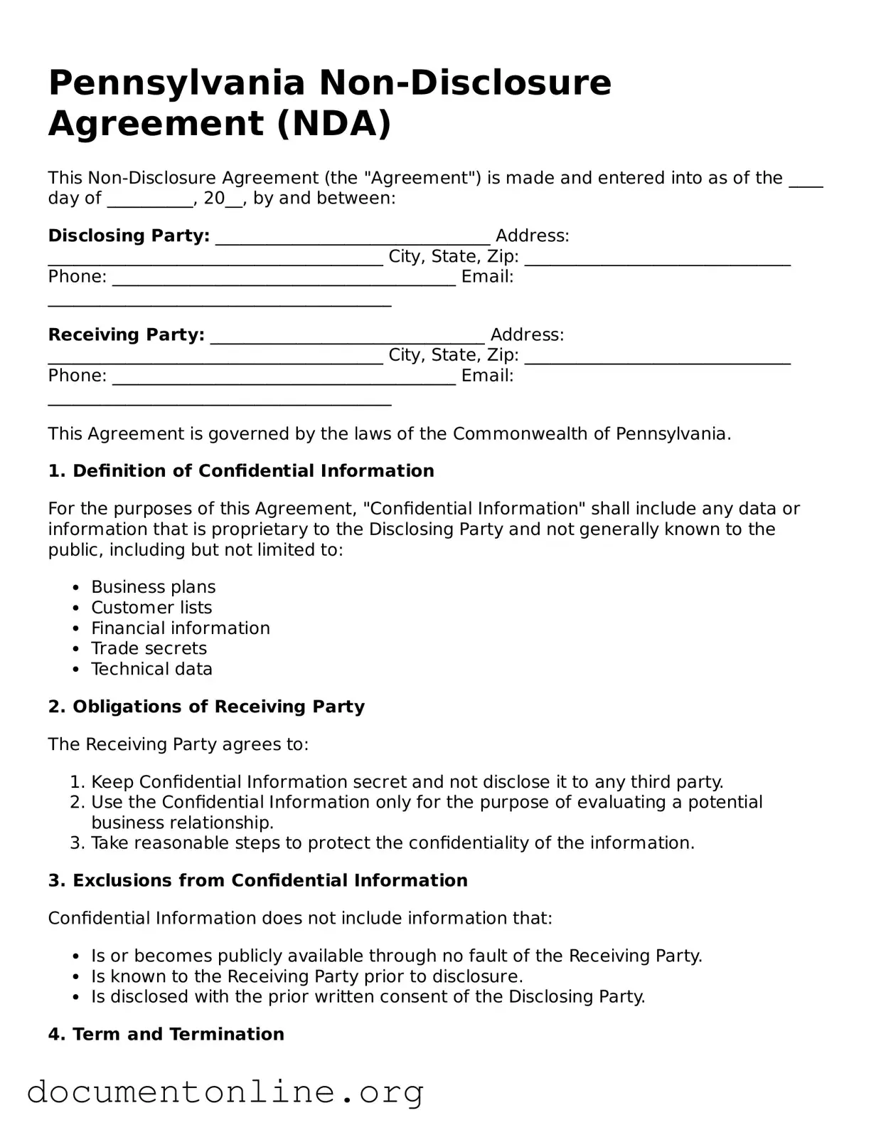Free Non-disclosure Agreement Form for Pennsylvania State