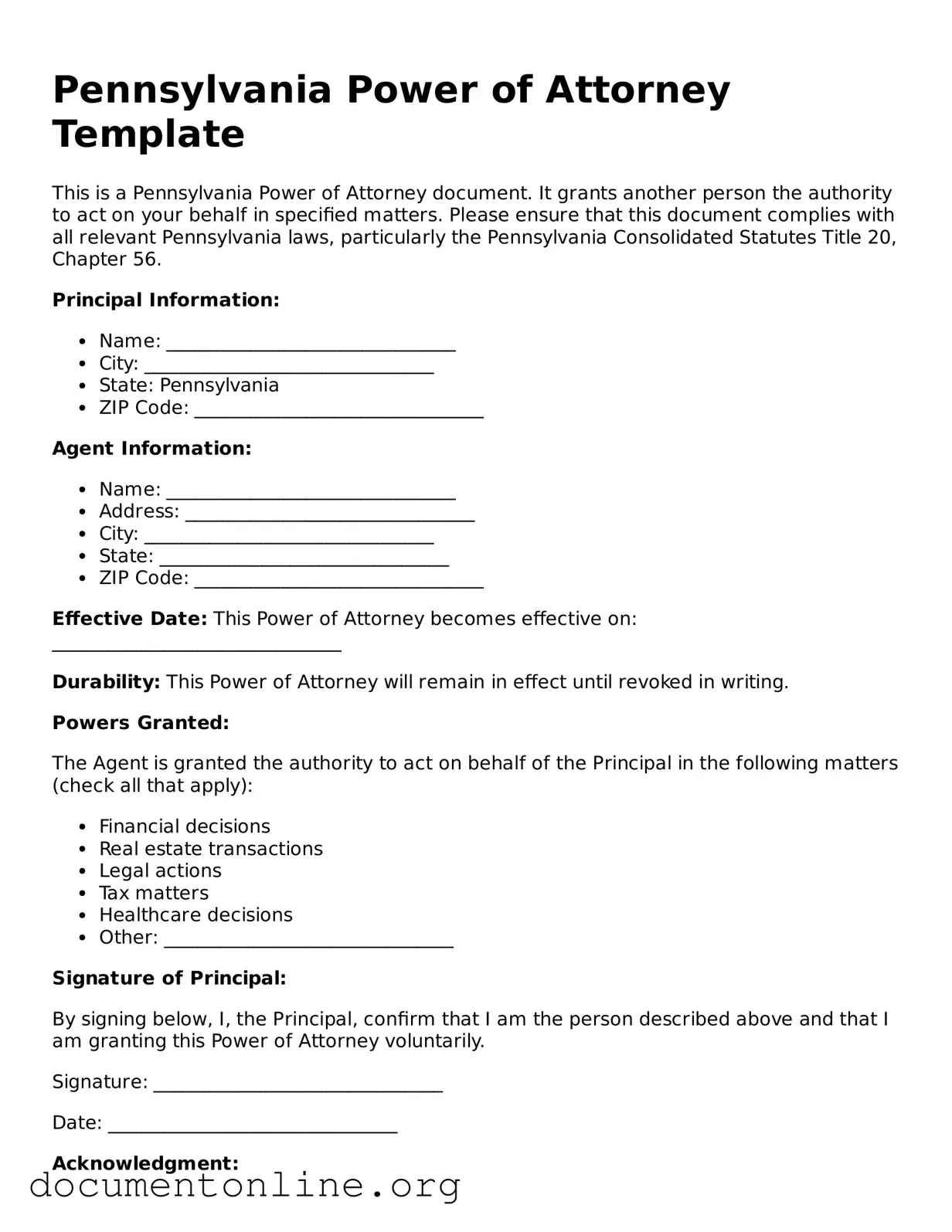 Free Power of Attorney Form for Pennsylvania State