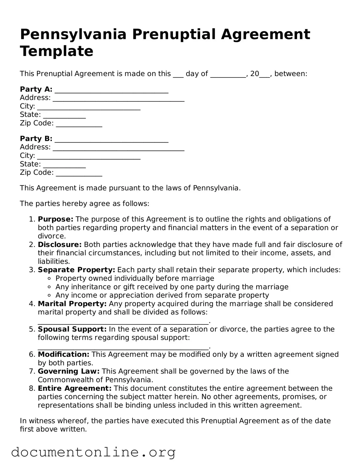 Free Prenuptial Agreement Form for Pennsylvania State