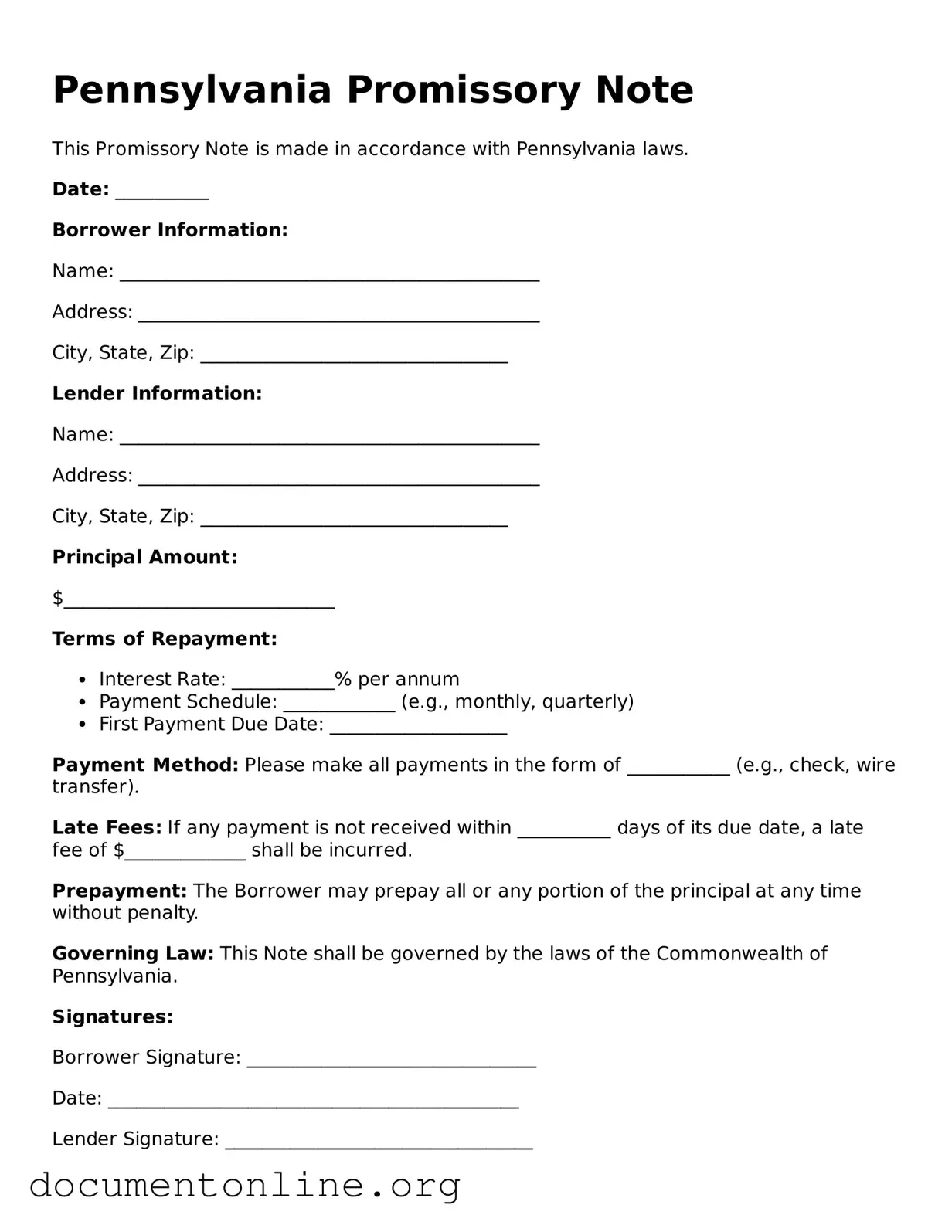 Free Promissory Note Form for Pennsylvania State