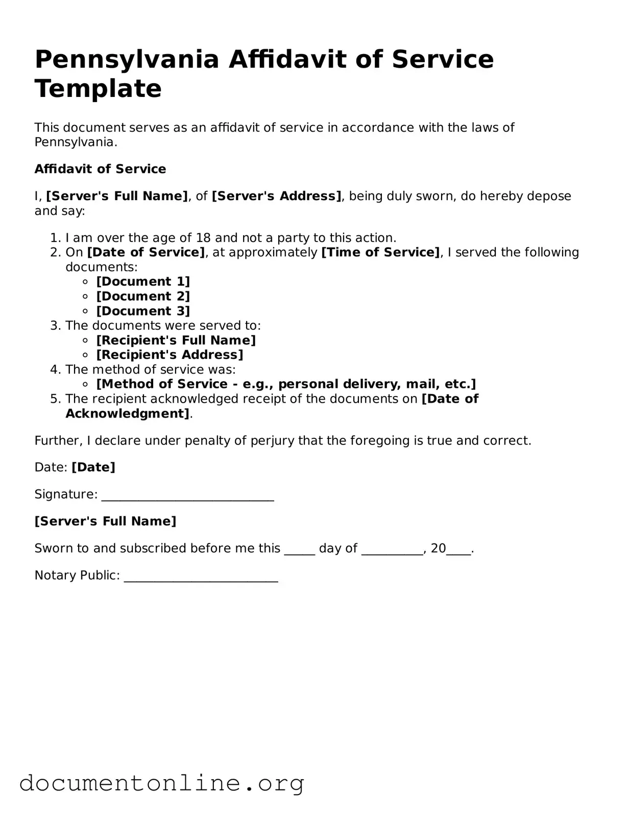 Free Affidavit of Service Form for Pennsylvania State